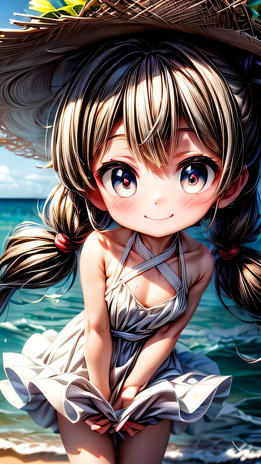 (((Face close-up))), 最high quality, masterpiece, , ,short, Huge breasts, Black Hair,Low twin tails, Black eyes, Yukinecris, Thin twin tails,, Beach, Ocean, White Dress, White Skirt, White dress, Straw hat,  (((shy))), (Happy), Leaning forward, summer, From above, Reaching out, smile, masterpiece, 最high quality, high quality, High resolution､ ((smile)), smileで､((Random pose))､(((Face close-up)))