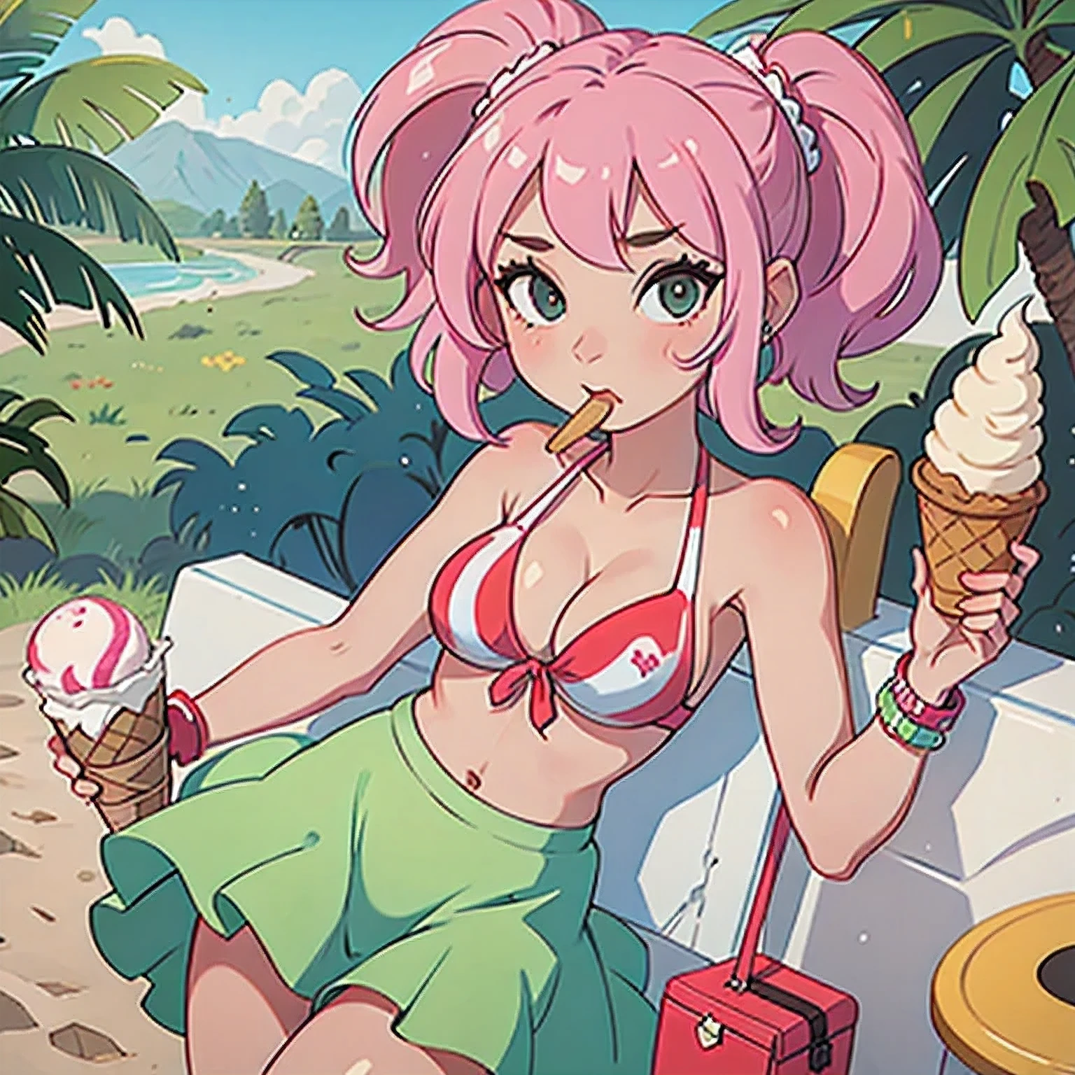 girl in a bikini eating an ice cream cone, eating ice cream, in a bikini, angela white, giorgia meloni, katy perry, in bikini, eating ice - cream, wearing spandex bikini, ice cream on the side, bikini, ice cream, wearing a bikini, candid photo of dirty, shiny plastic bikini, candid shot, cone, 1 girl, solo,in a green dress standing by a wall,portrait of female idol