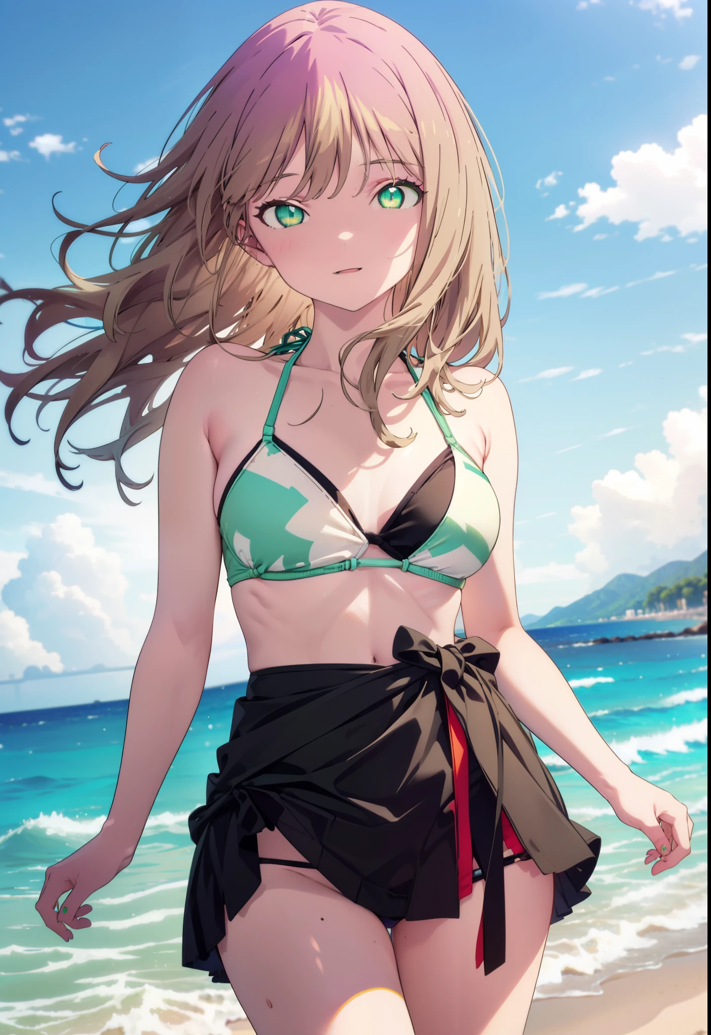 minami yume ,sss Dynazenon ,Long Hair, Brown Hair, (Green Eyes:1.5) ,smile,Open your mouth,Medium Breast,Flower Hair Ornaments,Black bikini string swimsuit,A thin long skirt is wrapped around her waist,barefoot,Daytime,Clear skies,Sandy Beachを散歩している,
break looking at viewer, whole body,(Cowboy Shot:1. 5),
break outdoors, Beach,Sandy Beach,
break (masterpiece:1.2), Highest quality, High resolution, unity 8k wallpaper, (shape:0.8), (Beautiful and beautiful eyes:1.6), Highly detailed face, Perfect lighting, Extremely detailed CG, (Perfect hands, Perfect Anatomy),