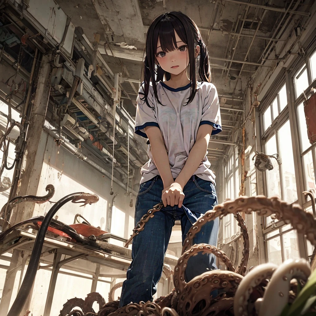 ８Year、Girl captured by tentacles in abandoned factory、Tentacles in a skirt、Pants fabric texture、Cry