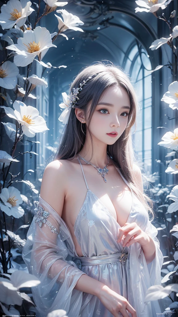 (((masterpiece))), highest quality, figure, 4k wallpaper, Cinematic Light, Absurd, One girl,(snow,ice), Snow Flower, In winter, Gray Hair, Shiny Hair, Wavy Hair, Transparent clothes, Frills, race, Wet clothes, off_shoulder, Hair Scrunchie,masterpiece, telescope lens, Absurd, Graceful featureovie Posting,Poster composition,Strike a pose gracefully,classical,Natural light,Soft Light,(7 Doppelgangers) ,amazing,Dreams are magical,Mysterious、Ecstasy