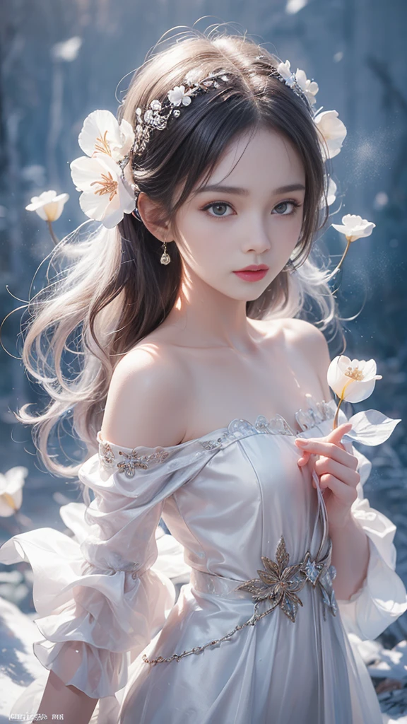 (((masterpiece))), highest quality, figure, 4k wallpaper, Cinematic Light, Absurd, One girl,(snow,ice), Snow Flower, In winter, Gray Hair, Shiny Hair, Wavy Hair, Transparent clothes, Frills, race, Wet clothes, off_shoulder, Hair Scrunchie,masterpiece, telescope lens, Absurd, Graceful featureovie Posting，Poster composition，Strike a pose gracefully，classical，Natural light，Soft Light，（7 Doppelgangers） ，amazing，Dreams are magical，Mysterious、Ecstasy