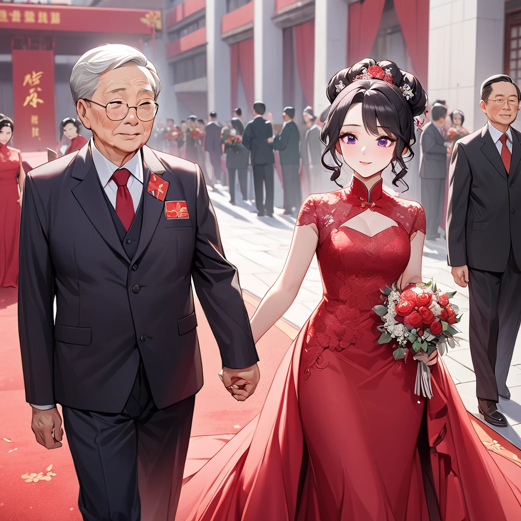 ((Highest quality)), ((masterpiece)), (detailed), （Perfect Face）、The woman is a Chinese woman named Kocho Shinobu.。, Purple gradient bob black hair and formal evening hairstyles. She is wearing an engagement ring. She is a prominent member of the Chinese Communist Party.、She is the wife of a great old Communist Party official.、The woman is beautifully dressed in a gorgeous and glamorous red wedding dress typical of the Chinese Communist Party.、She walked side by side with a dignified elderly Communist Party official down the red carpet aisle in a loving wedding ceremony.。A loving Chinese Communist couple