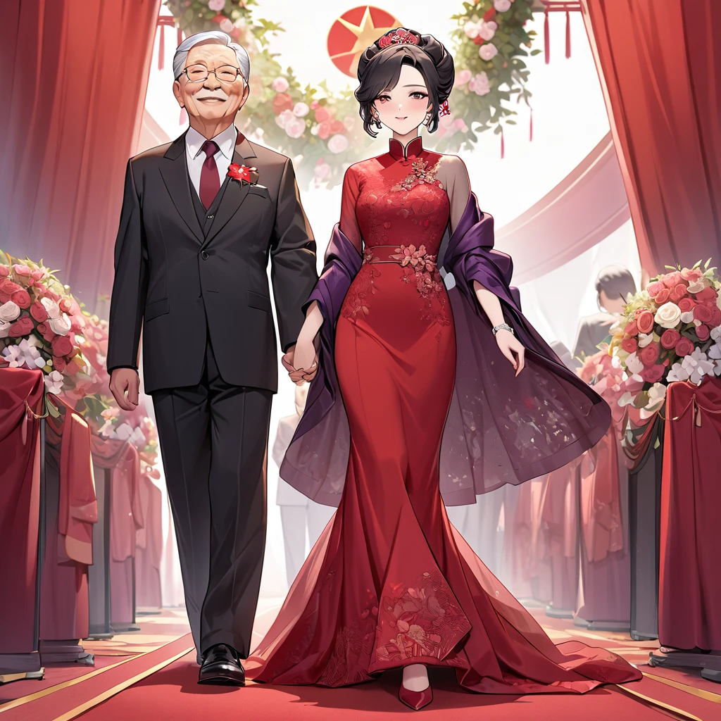 ((Highest quality)), ((masterpiece)), (detailed), (Perfect Face)、The woman is a Chinese woman named Kocho Shinobu.。, Purple gradient bob black hair and formal evening hairstyles. She is wearing an engagement ring. She is a prominent member of the Chinese Communist Party.、She is the wife of a great old Communist Party official.、The woman is beautifully dressed in a gorgeous and glamorous red wedding dress typical of the Chinese Communist Party.、She walked side by side with a dignified elderly Communist Party official down the red carpet aisle in a loving wedding ceremony.。A loving Chinese Communist couple
