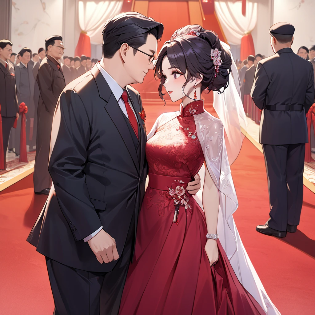 ((Highest quality)), ((masterpiece)), (detailed), (Perfect Face)、The woman is a Chinese woman named Kocho Shinobu.。, Purple gradient bob black hair and formal evening hairstyles. She is wearing an engagement ring. She is a prominent member of the Chinese Communist Party.、She is the wife of a great old Communist Party official.、The woman is beautifully dressed in a gorgeous and glamorous red wedding dress typical of the Chinese Communist Party.、She walked side by side with a dignified elderly Communist Party official down the red carpet aisle in a loving wedding ceremony.。A loving Chinese Communist couple