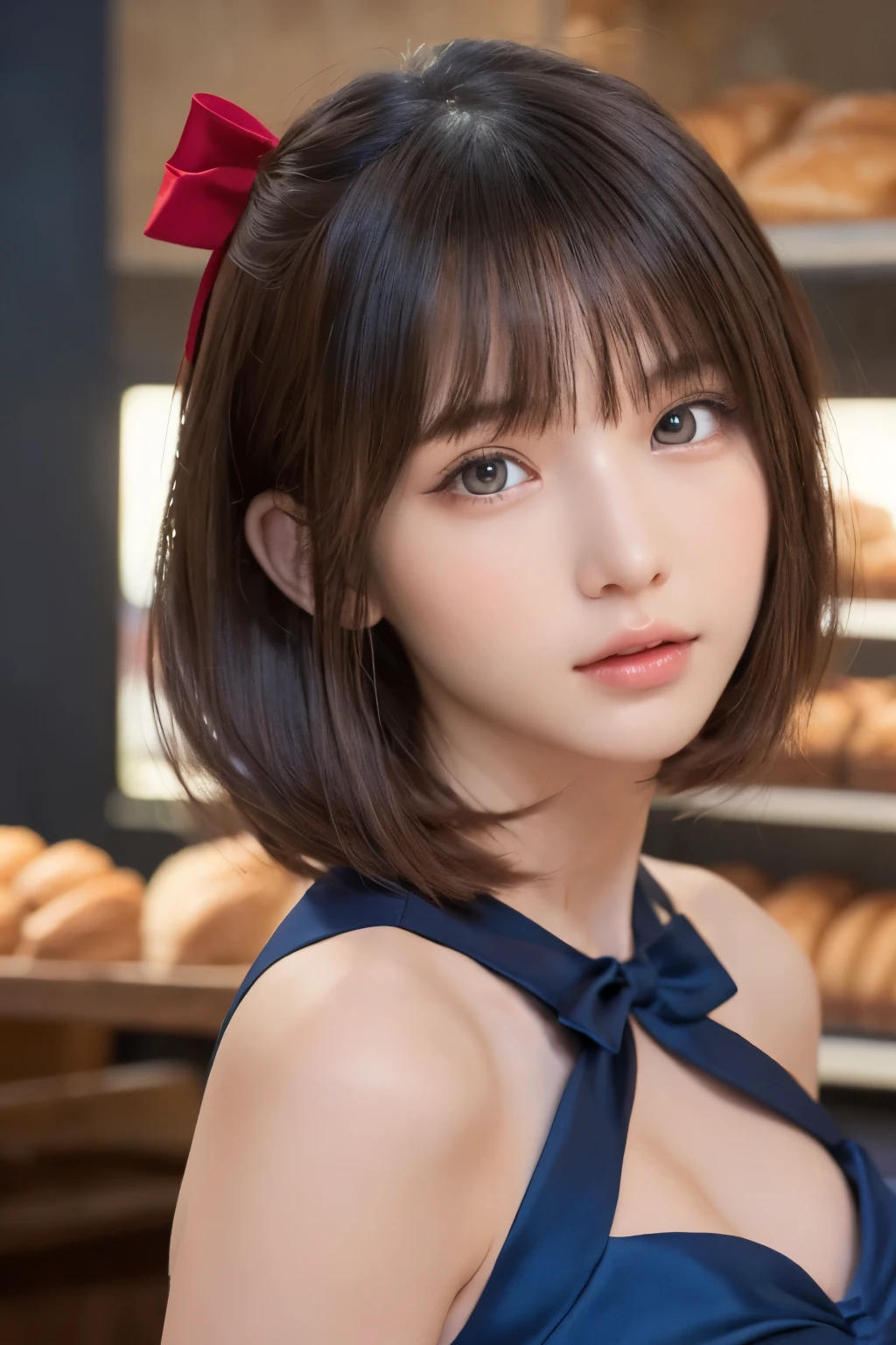 one girl, (a beauty girl, delicate girl, sweet girl:1.3), (16 years old:1.3),
break, (dark blue dress, one piece dress:1.3), skirt,
break, (bakery background:1.3),
break, very fine eyes, (symmetrical eyes:1.3),
break, (small breasts:0.5), brown eyes, parted bangs, brown hair, (red big hair ribbon:1.2),
break, (eyes and faces with detailed:1.0),
break, (masterpiece, best quality, ultra detailed, detailed face, 8k)