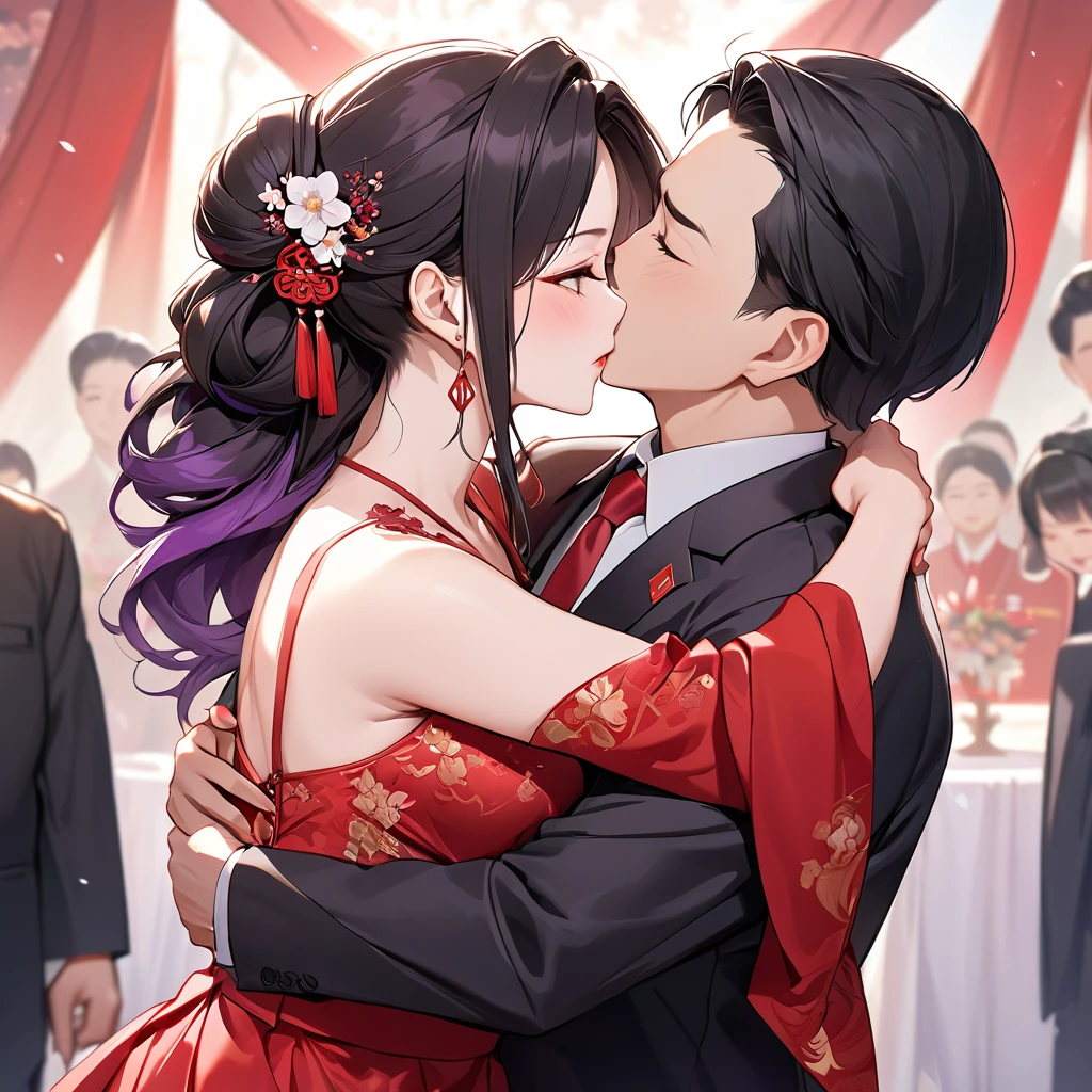 ((Highest quality)), ((masterpiece)), (detailed), (Perfect Face)、The woman is a Chinese woman named Kocho Shinobu.。, Purple gradient bob black hair and formal evening hairstyles. She is wearing an engagement ring. She is a prominent member of the Chinese Communist Party.、She is the wife of a great old Communist Party official.、The woman is beautifully dressed in a gorgeous and glamorous red wedding dress typical of the Chinese Communist Party.、She is seen in a passionate wedding ceremony with a dignified elderly Communist Party official, embracing him passionately and kissing him in a deep vow.。A loving Chinese Communist couple