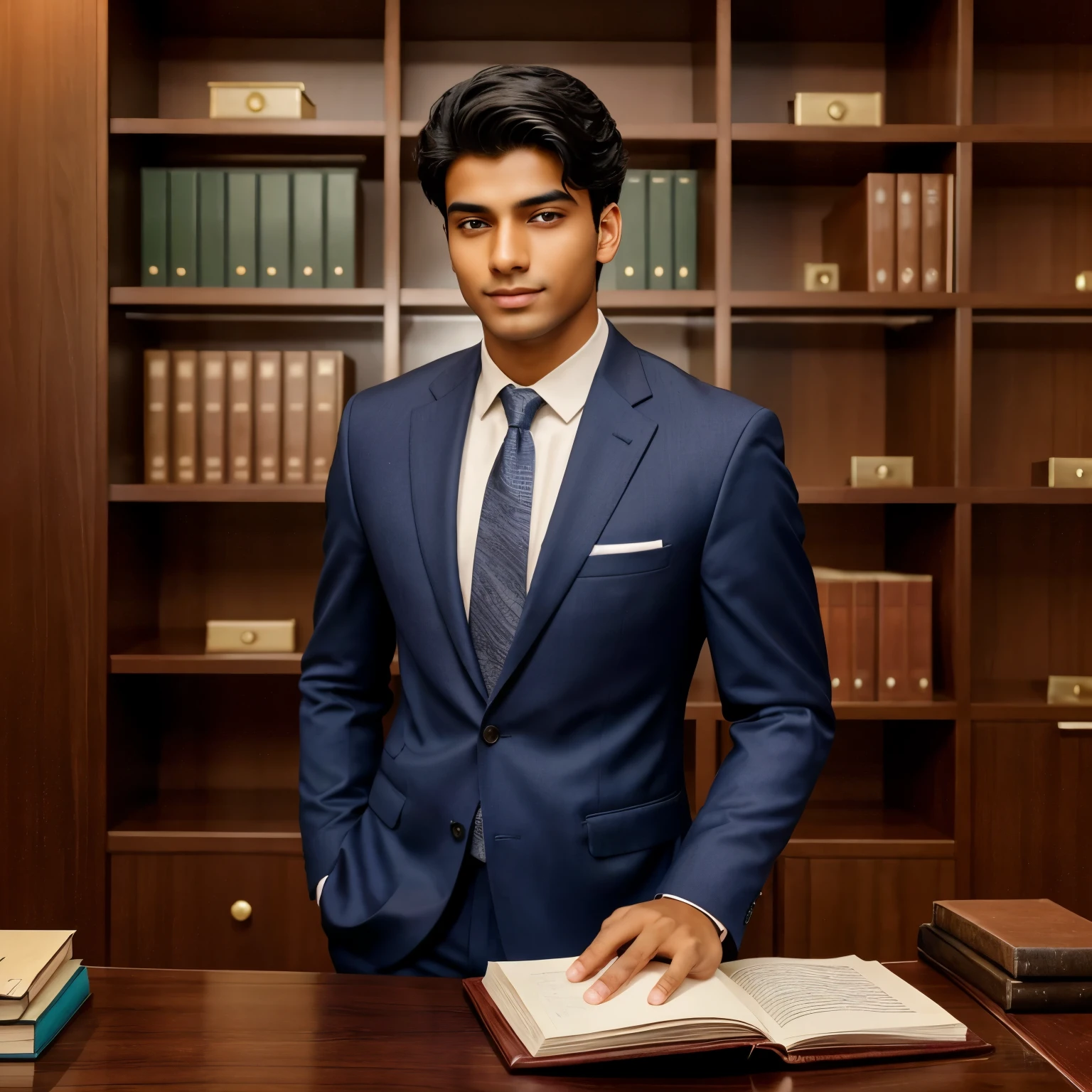Create a realistic and aesthetic image of a 20-year-old Indian men lawyer. The lawyer should be good-looking, with a confident and approachable demeanor. They should be dressed in professional attire, such as a tailored suit and tie, and standing in a well-organized office or law library setting. The background should include shelves filled with law books and a desk with a laptop open to the "I Love Law" website. The lawyer should be holding a book titled "Mastering Law: Essential Texts for Students" and smiling, conveying trust and expertise. The overall atmosphere should be professional yet inviting, appealing to college law students. The image should include the text: "Timeless Knowledge with Affordable Prices – Visit ILoveLaw.com today!