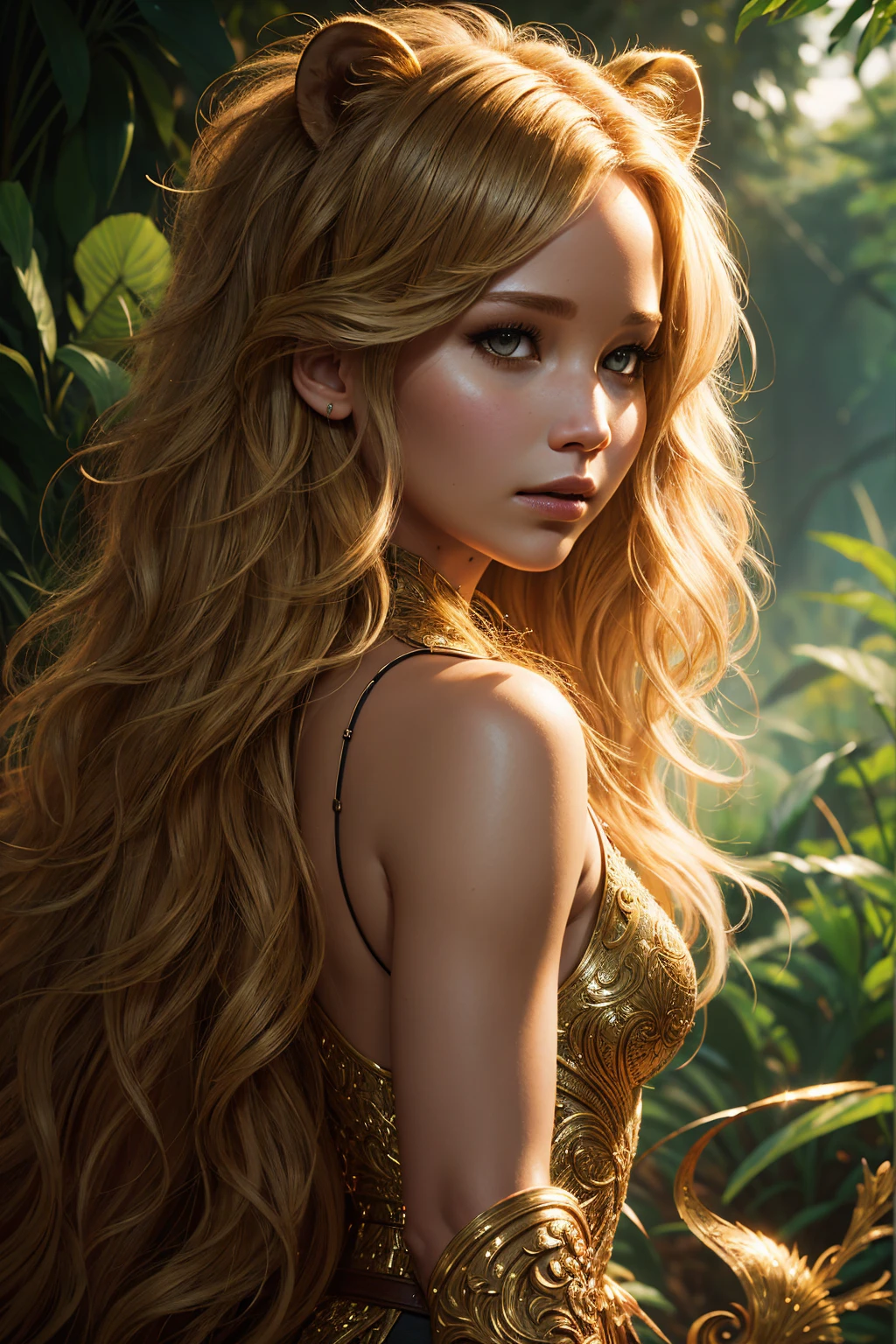 portrait Jennifer Lawrence, wearing lion costume, against the background of the rainforest, character portrait, 9 3 9 0 s, wavy hair, intricate, elegant, highly detailed, digital painting, artstation, concept art, smooth, sharp focus, illustration, art by wlop, charlie bowater and alexandra fomina, 36k, glittering, shining, correct anatomy