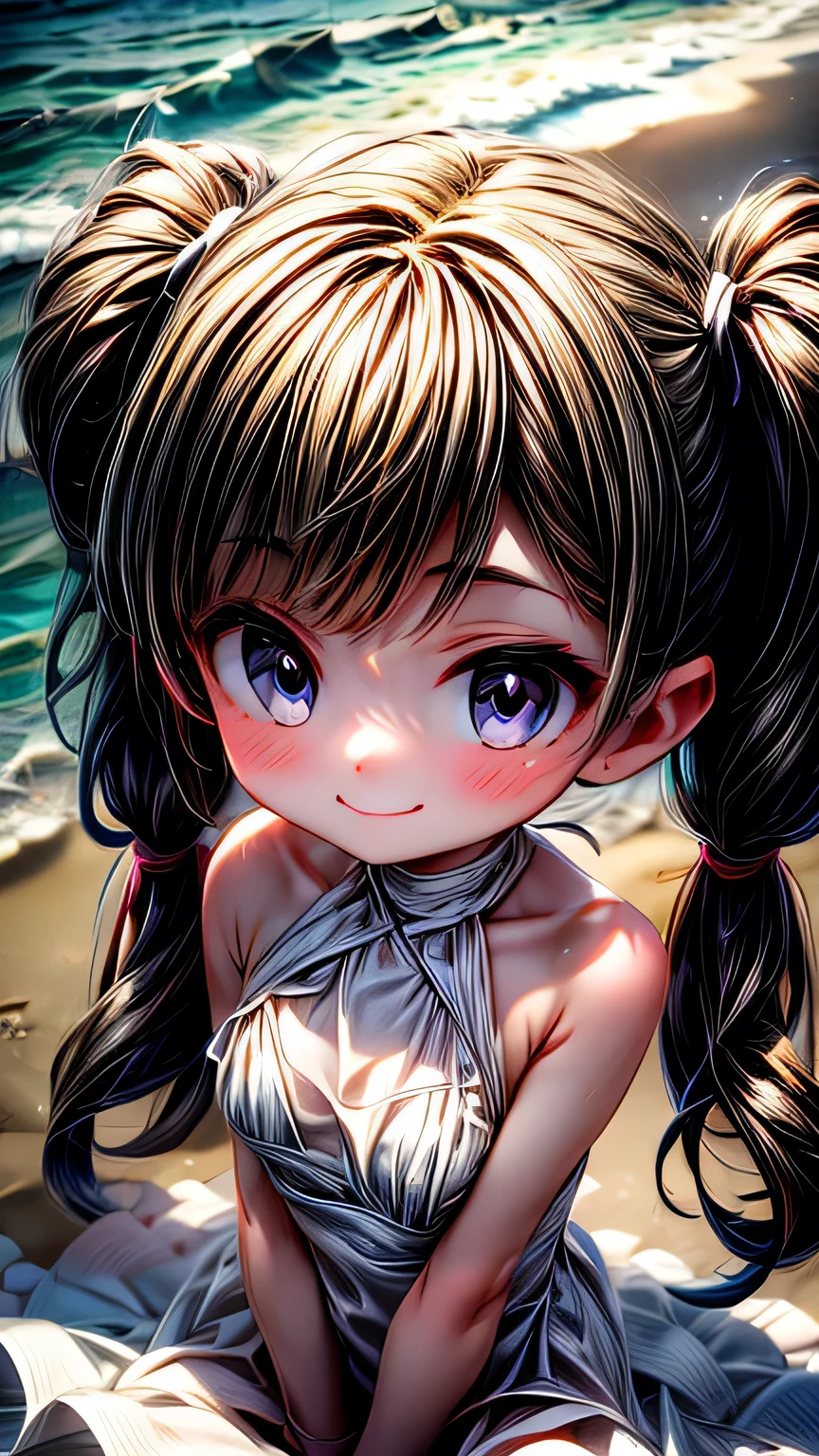 (((Face close-up))), 最high quality, masterpiece, , ,short, Huge breasts, Black Hair,Low twin tails, Black eyes, Yukinecris, Thin twin tails,, Beach, Ocean, White Dress, White Skirt, White dress, (((shy))), (Happy), Leaning forward, summer, From above, Reaching out, smile, masterpiece, 最high quality, high quality, High resolution､ ((smile)), smileで､((Random pose))､(((Face close-up)))