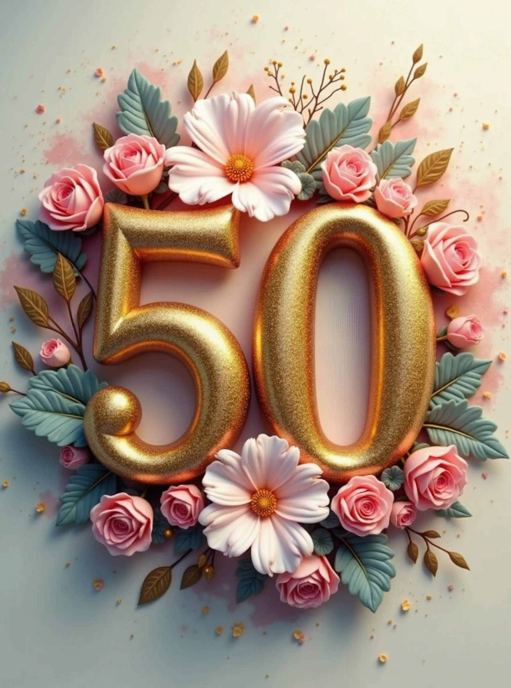 A flat 3D golden sparkling 50 with pink and white flowers and golden leaves, lying on a vibrant water color splash, backdrop of golden glittering particles