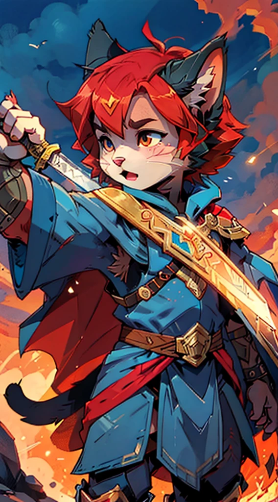 Cat Girl，short hair，braid，Tomboy，cute，Passion，Full of vitality，Energetic，Lively，shota，femboy，Red hair，Cat ears，Body hair，furry，furry，Red fur all over，hairy，sword，持sword，佩sword，拿着sword，cloak，cloak，Heroic Style，armor，奇幻armor