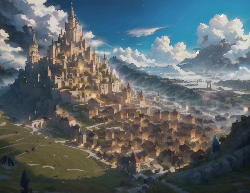 A city on a hill,There is a castle in the middle, Silvaan Sarayi, Fantasy City, Fantasy cityscape, Medieval city background, a bustling magical town, Krenzkushat, fantasy city background, Ross Chen. Landscape background, Medieval city,Medieval city,The time is night,The city is glowing
