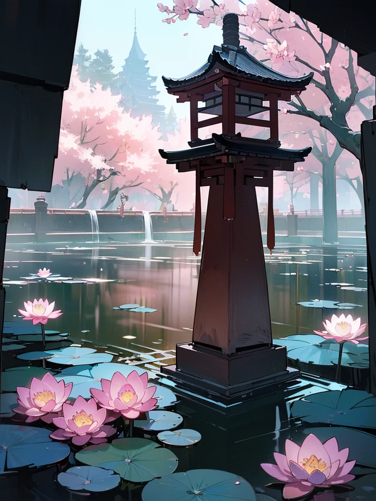 (((best quality, sharp image, clear image, cinematic lighting, 8k resolution, masterpiece, ultra detailed))) ((japanese temple)), waterfall, landscape, sakura blossom in foreground, (water lilies in water).