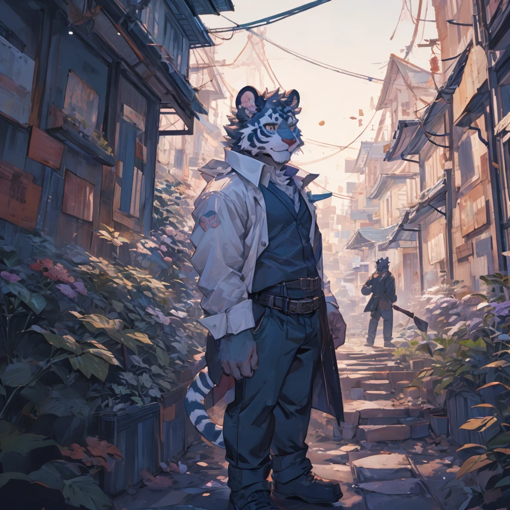 {{bara extremely handsome white tiger,}} {{white fur with faint grey stripes,}} white, professional model like, wearing white shirt and black trousers, white fluffy furry body and limbs, broad shoulders, medium muscle, sleek physique, massive pecs, purple eyes, 3/4 view, best quality, pastel, dreamy ethereal atmosphere, garden, daylight, heaven like