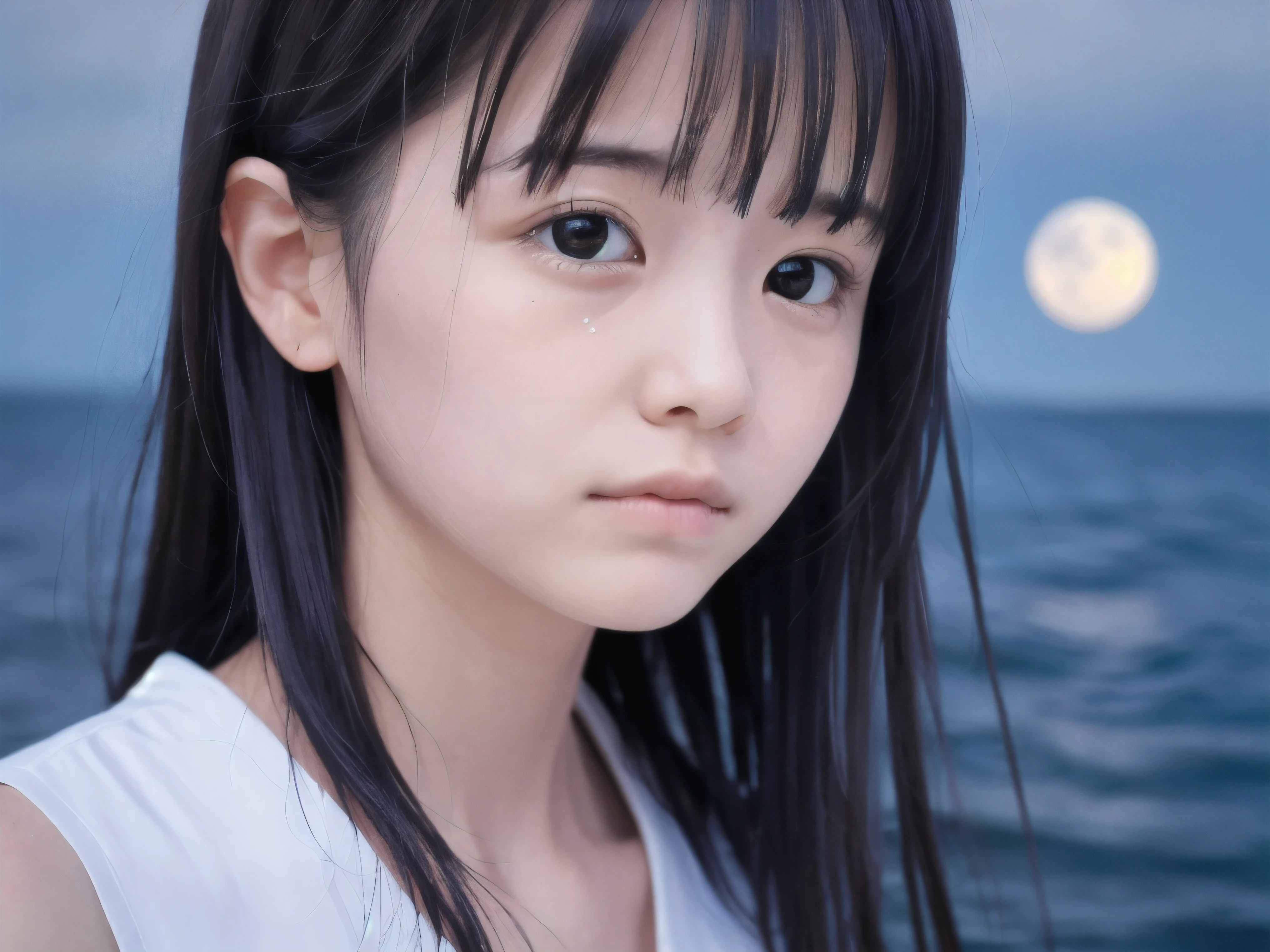 (Close up face shot of slender small-breasted half up brown long hair with bangs girl wearing a white summer dress:1.5)、(One girl is turn around and big crying with tears at the cape of the sea in Japan:1.5)、(Beautiful midnight with full moon and stars on the sea:1.5)、(blurred background:1.5)、(Natural light:1.5)、(8k ultra detailed master piece:1.5)、(perfect anatomy:1.5)、(Photorealistic stick:1.5)、(Raw photo:1.3)、(highest quality:1.5)、(High resolution:1.3)、(Delicate and beautiful perfect face:1.3)、(Delicate and beautiful eye air skin:1.3)、(Real Human Skin:1.3)、((thin legs))
