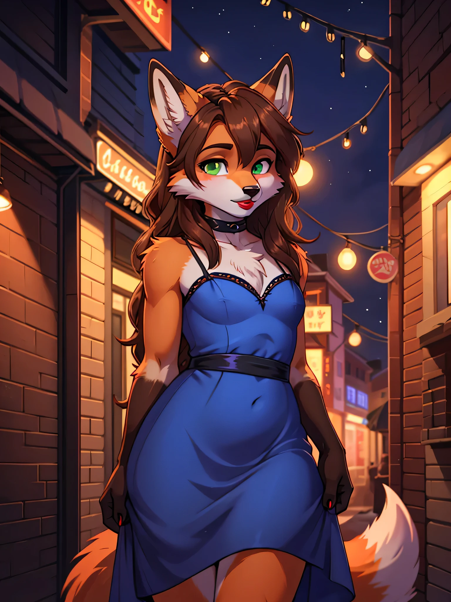 furry male fox with green eyes, with brown long hair, with black spout, with red lipstick on lips, big lips, in a blue dress, crossdressing, in temptation, shy, stands seductively against the backdrop of the night street 