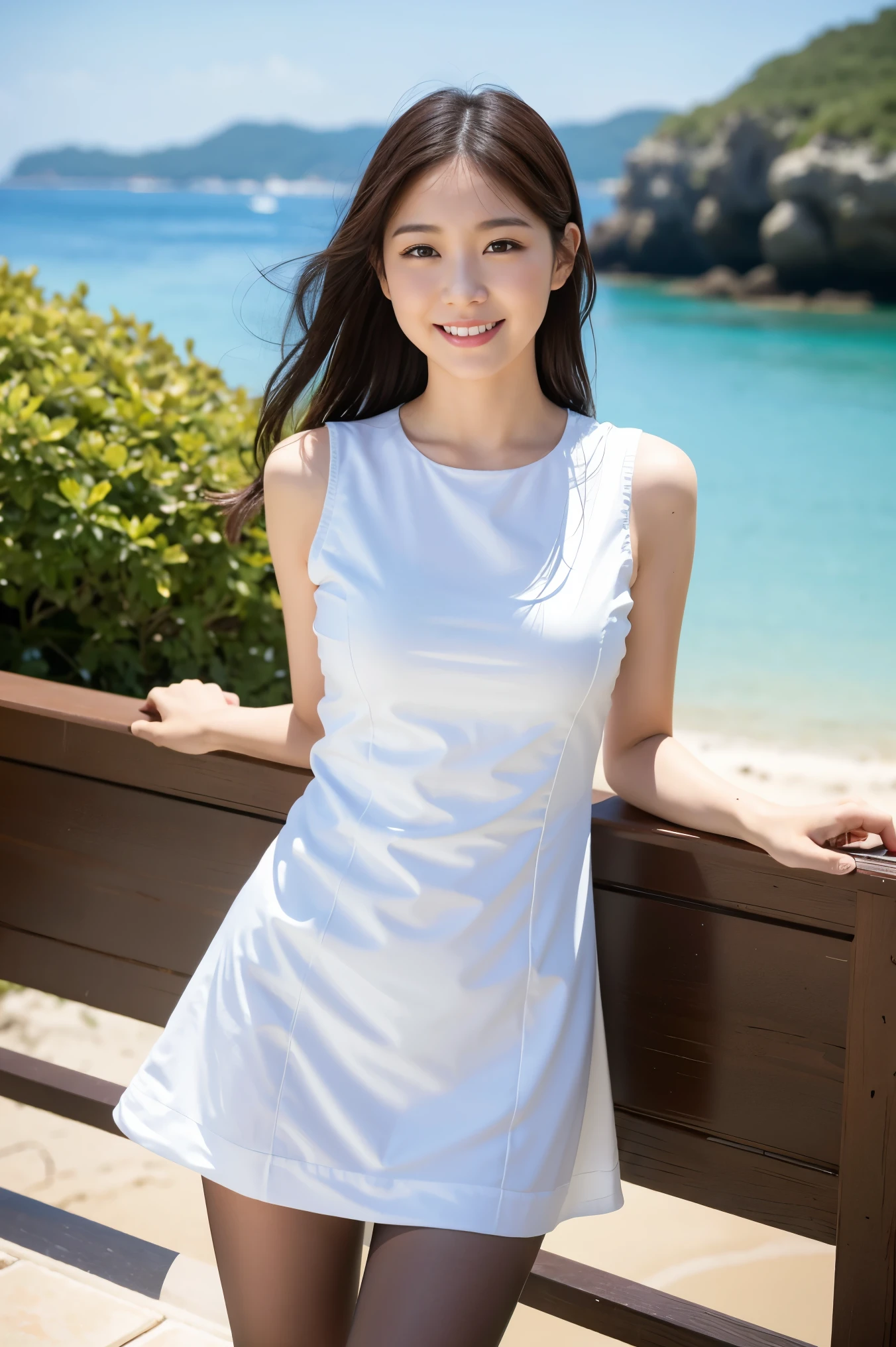 (8k), (highest quality: 1.2), (realistic), (realistic: 1.37), ultra high resolution, 1 girl, cute, smile, closed mouth, beautiful details, beautiful nose, whole body, wet hair, giant dulcefo, pork, thighs, dark white Dress,sleeveless dress,mini dress,beige natural pantyhose,seaside,少しだけthighsの肌が見える,