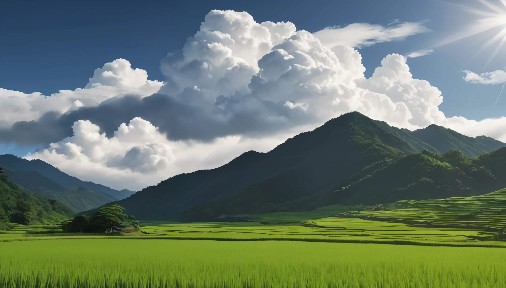 Peaceful Japanese countryside scene, Lush green rice fields, Winding dirt road, Summer day, sunny, Towering Cumulus Clouds, Midday sunlight, (Highest quality,4K,8k,High resolution,masterpiece:1.2),Very detailed,(Realistic,photoRealistic,photo-Realistic:1.37),High resolution,超High resolution,Studio Lighting,Vibrant colors,Professional