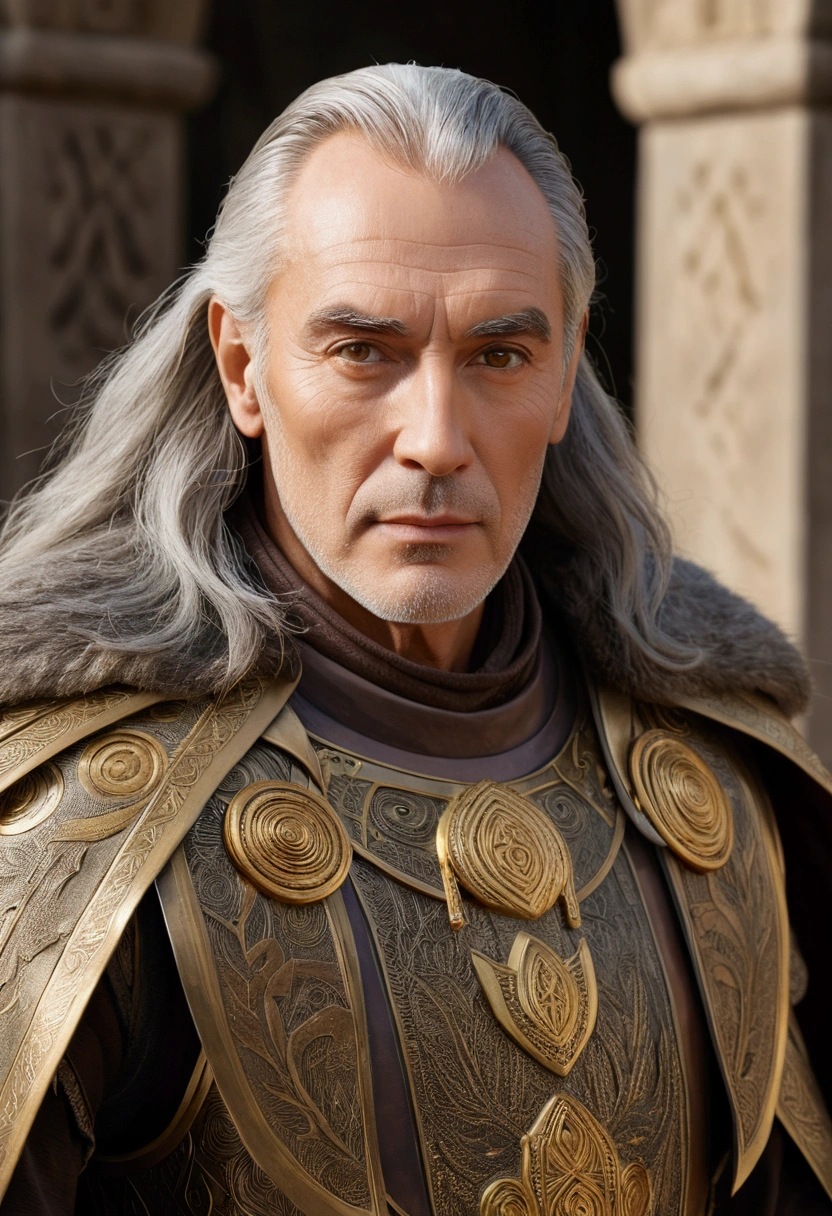 Yohn Royce is a proud lord of 50 years. His face is lined, and he has grey hair, slate-grey eyes, and bushy eyebrows. He is tall. He wears ancient bronze armor inscribed with runes and a cloak of light brown silk
