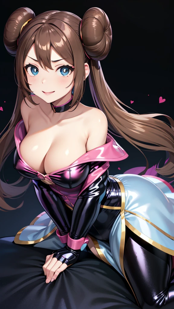 Erotic　Pokemon　May「Rose」、Brown hair, twin tails, bun hair, tall, big breasts, mature married woman　Light blue sequin rubber suit off shoulder black background heart bedroom dark theme evil fall temptation excitement condescending smile sexy pose upper body emphasis upward gaze