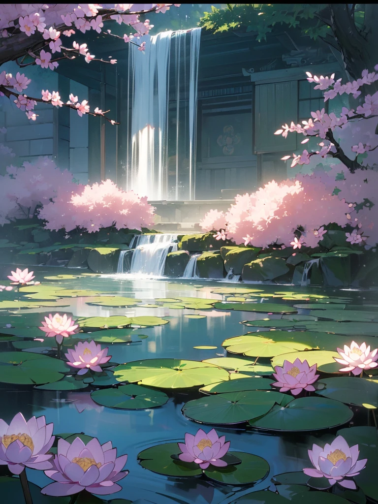 (((best quality, sharp image, clear image, cinematic lighting, 8k resolution, masterpiece, ultra detailed))) ((japanese temple)), waterfall, landscape, sakura blossom in foreground, (water lilies in water), green bushes.