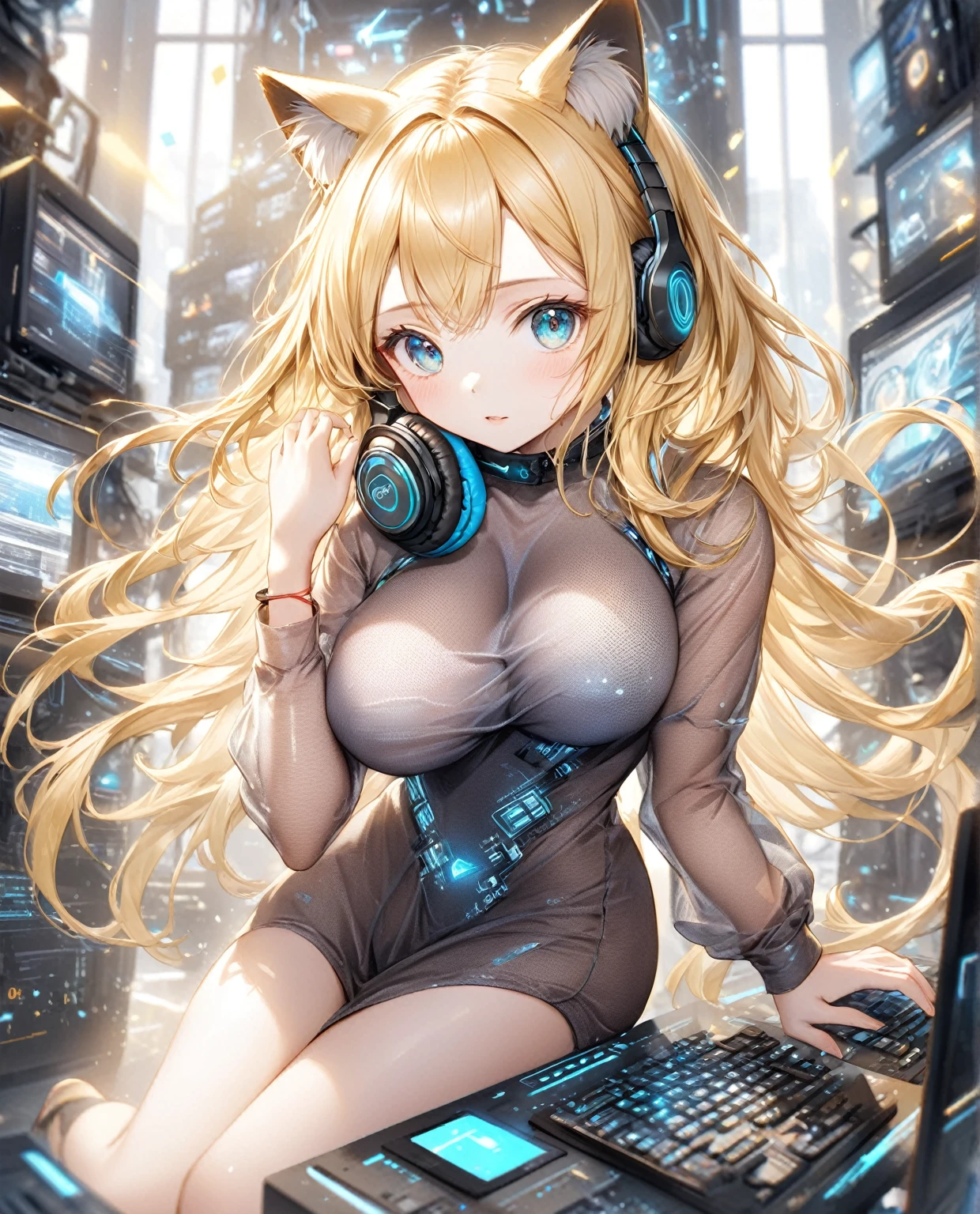 (Highest quality,8k,32K,masterpiece,Ultra-high resolution :1.2 ),born,One girl,Super cute,Natural light,Clear, shining eyes,20-year-old,Fair skin,Fantasy background of a computer-like electronic world,Blonde Hair,Hairstyle with some white mesh,Long Hair,Cyber clothes,Wearing headphones with cat ears,The wind is blowing,Vibrant,Cute,Large Breasts
