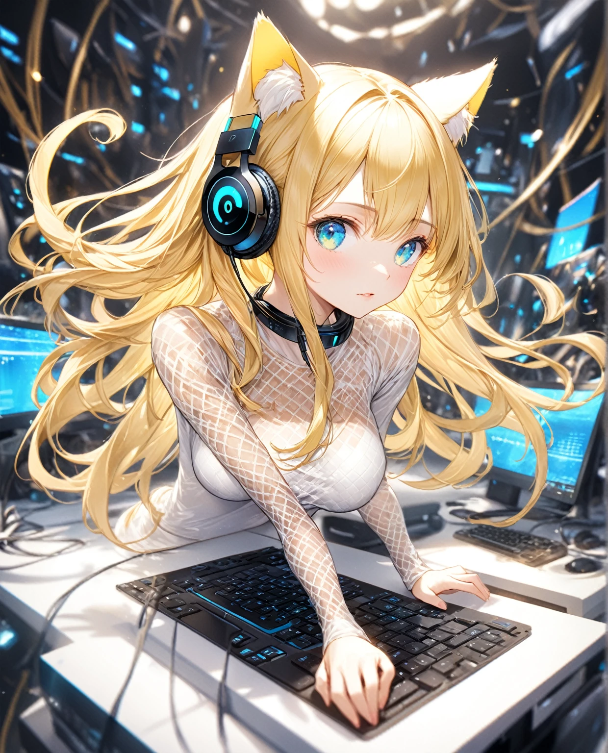 (Highest quality,8k,32K,masterpiece,Ultra-high resolution :1.2 ),born,One girl,Super cute,Natural light,Clear, shining eyes,20-year-old,Fair skin,Fantasy background of a computer-like electronic world,Blonde Hair,Hairstyle with some white mesh,Long Hair,Cyber clothes,Wearing headphones with cat ears,The wind is blowing,Vibrant,Cute,Large Breasts