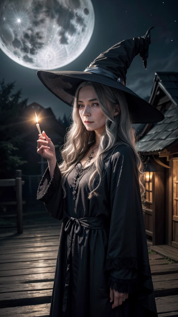 “A realistic depiction of an elderly witch in a dark blue robe and a pointed hat, standing under a full moon. The witch is facing forward symmetrically, with long, wavy grey hair, a gentle expression, and holding a candle in front of her. The scene is set at night in a village with wooden houses and street lamps. The atmosphere is magical and inviting. The elderly witch is positioned slightly closer to the viewer, making her more prominent. The image is in a 9:16 aspect ratio,back big big moon.univers