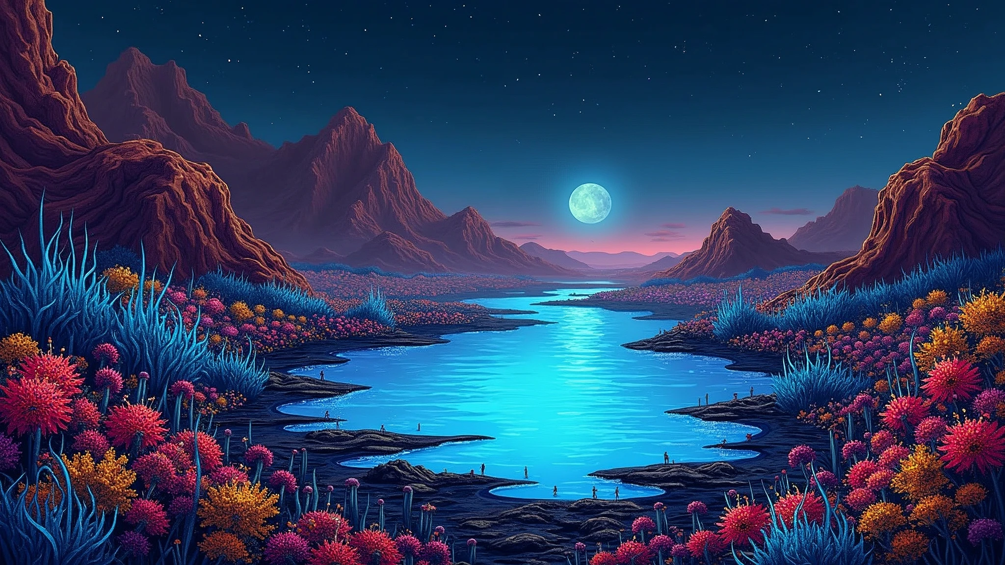 Illustrate a dark sci-fi night scene of an isolated oasis flourishing amidst a vast, barren alien desert landscape, a beacon of life and vivid colors. There is a giant pool of water, a dark flowery swamp with tall blue plants, tall red plants, and tall yellow plants growing. Mosaic of neon dots, glassmorphism, neon lines, bubble dots, filigree rust and gold.