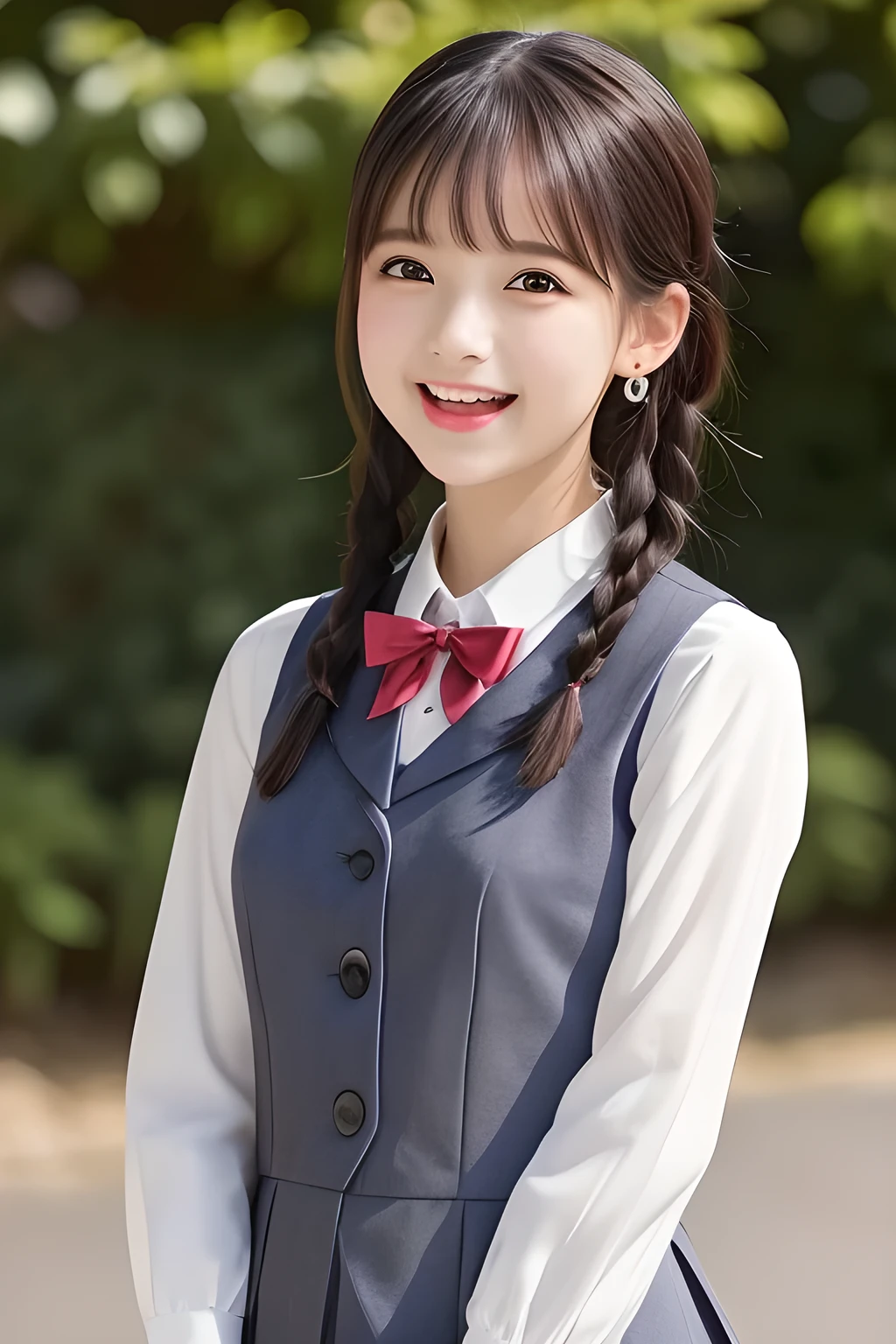 (highest quality, masterpiece, high resolution:1.2), 4K, (Photo quality detailed face: 1.2), (Giorgione painting style: 0.8), geometry, (16 yo cute girly Japanese girl: 1.0), Laughing cutely, (neat girly white short-sleeves school blouse: 1.0), (puffed sleeves), (Dark red glossy school ribbon on the breast: 1.0), (Gray Japanese school girly vest Uniform: 1.2), (Laughing cheeks: 1.0), (Beautiful light-amber-cute-girly large clear eyes with detailed cutely: 1.2), (Long bottom eyelashes: 1.0), (Expressing the greatest joy with her whole body: 1.5), (Glossy lips: 1.0), (braids under her ears: 1.0), (cute earrings), (Inviting me into the heaven: 1.0), (white and clear skin: 1.0), (French 8yo girls eyes: 0.5)