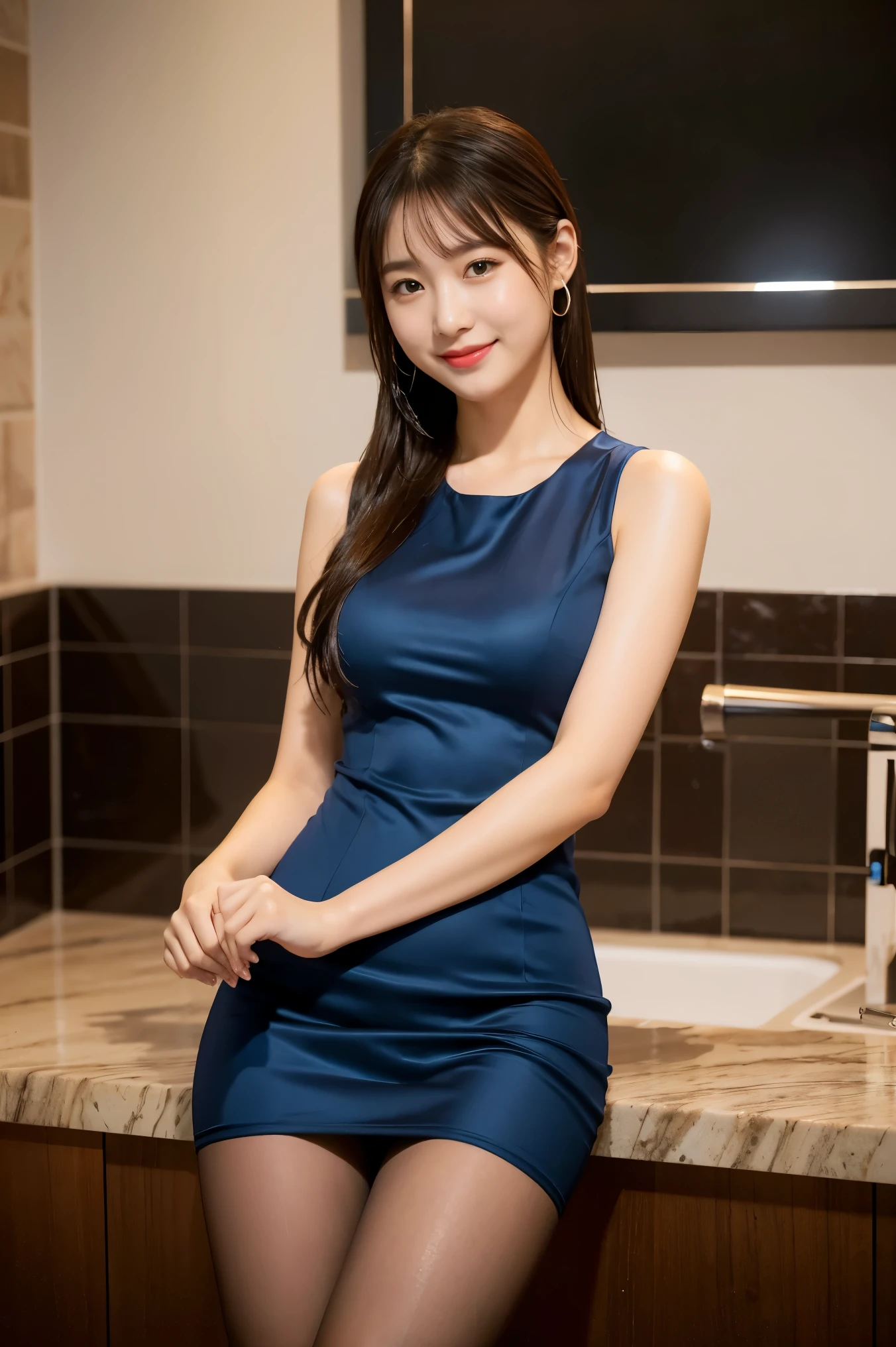 (8k), (highest quality: 1.2), (realistic), (realistic: 1.37), ultra high resolution, 1 girl, cute, smile, closed mouth, beautiful details, beautiful nose, whole body, wet hair, giant dulcefo, pork, thighs, dark blue Dress,sleeveless dress,mini dress,beige natural pantyhose,seaside,少しだけthighsの肌が見える,