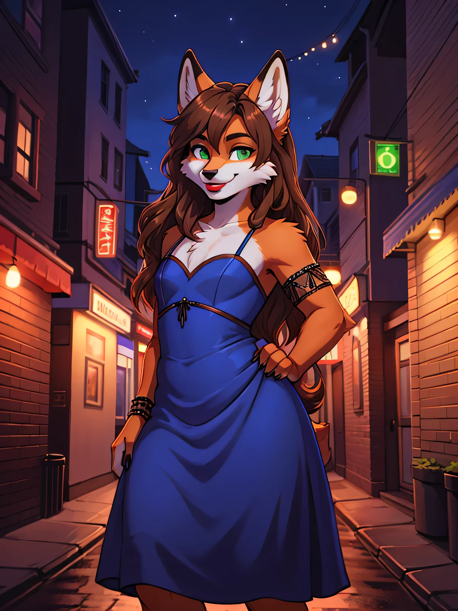 Best quality, furry male fox with green eyes, with brown long hair, with black spout, with red lipstick on lips, big lips, in a blue dress, crossdressing, smiling, admires himself, stands boastfully and seductively against the backdrop of the night street