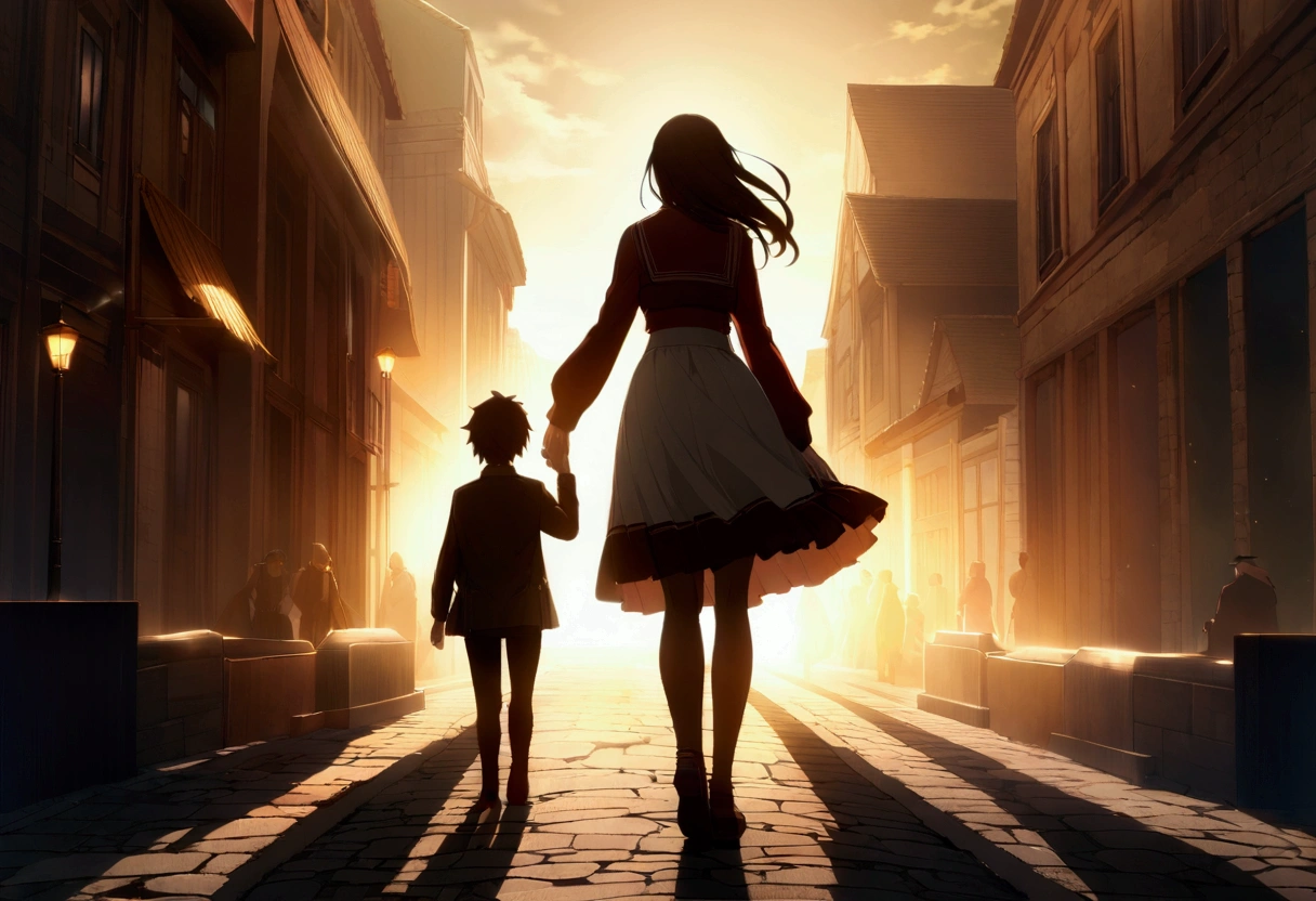 Highly detailed CG Unity 8k wallpaper), In town，Beautiful young woman and man in sunny weather,We walk together、Back view,skirt, stand、full_body, dramatic, バックLight, Light, Volumetric Lighting, Simple Background、