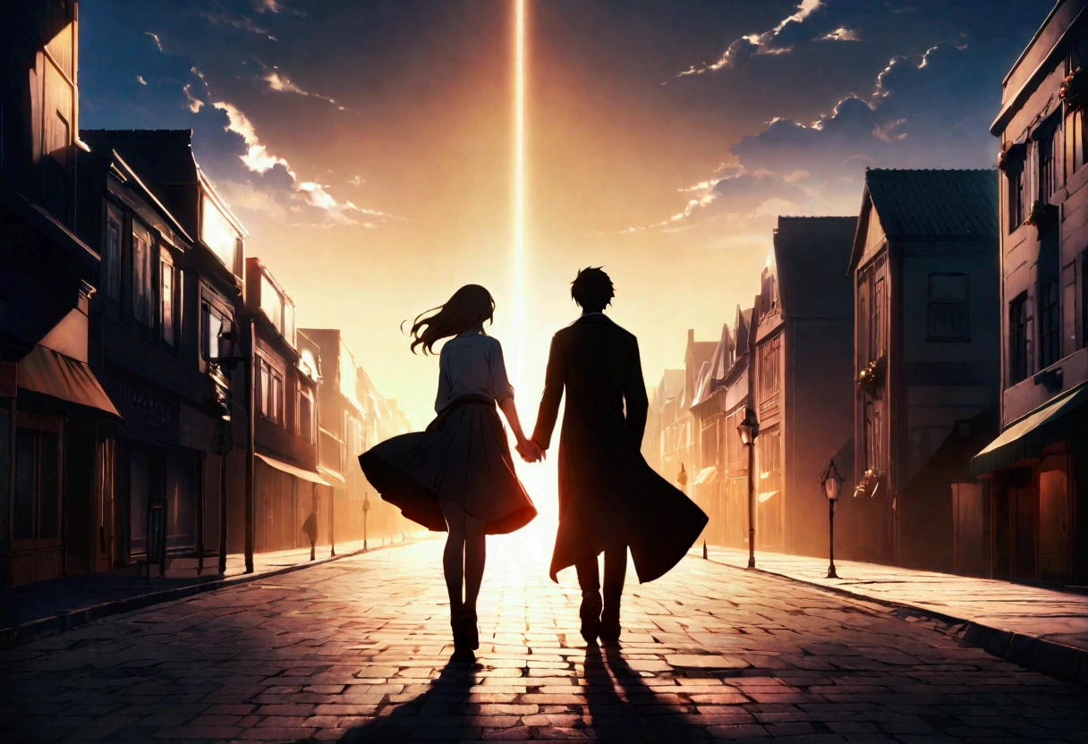 Highly detailed CG Unity 8k wallpaper), In town，Beautiful young woman and man in sunny weather,We walk together、Back view,skirt, stand、full_body, dramatic, バックLight, Light, Volumetric Lighting, Simple Background、