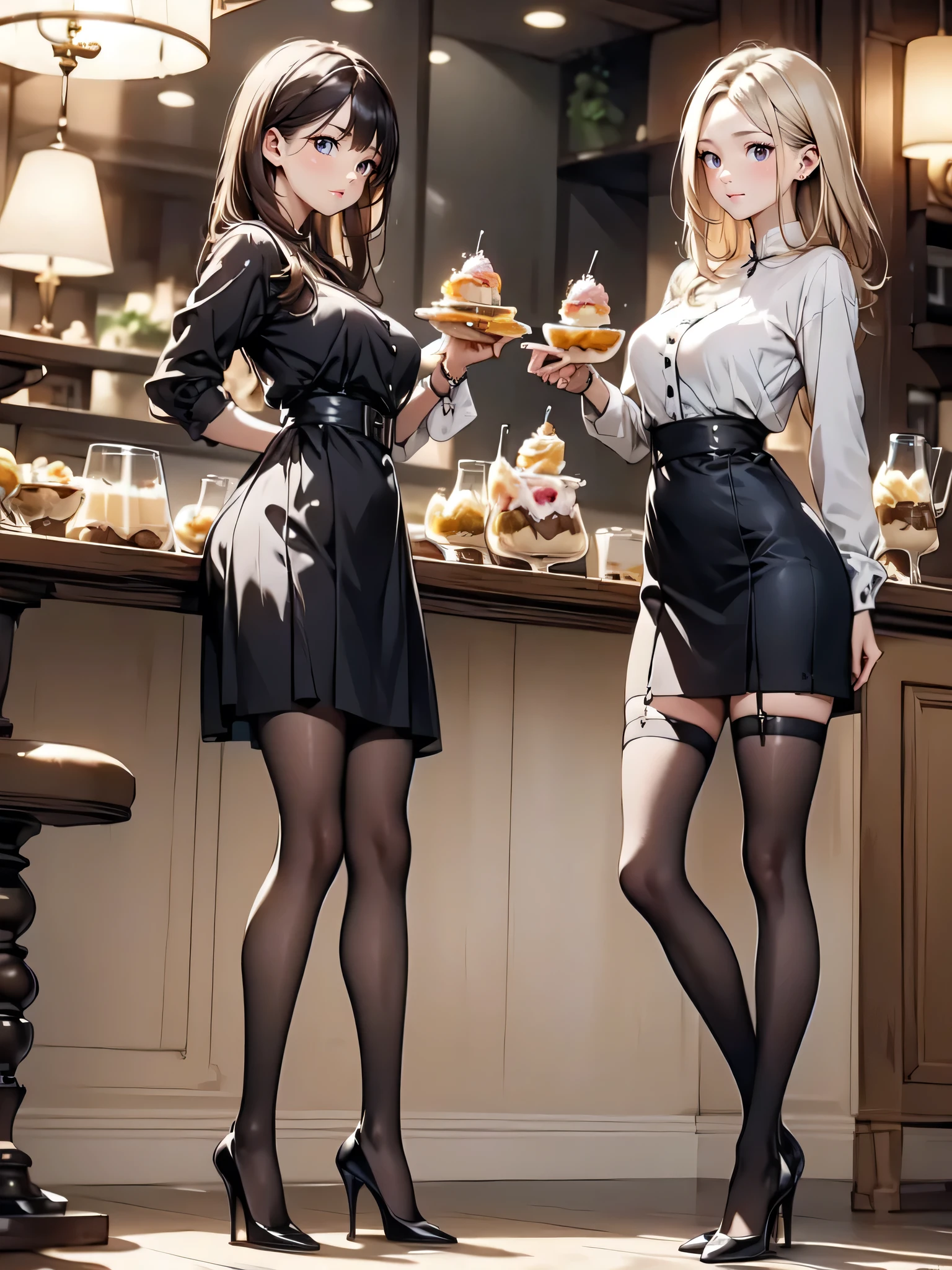 (masterpiece:1.3),(best quality, highest quality),((Full Body Shot,Including face)),()1girl,4K,masterpiece,((Focus on the face)),((Symmetrical facial features)),Beautiful woman,(Slender),((High heels,Patterned stockings with straps)),Detailed depiction of the face, Cafe clerk ,bar counter,profile,Long skirt,Slenderな女性,Green Cafe uniform,Age 25,(((Make a banana parfait)))