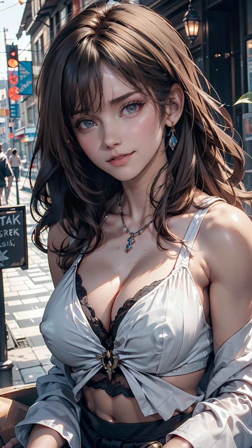 ((Highest quality, 8k, masterpiece :1.3)), Sharp focus :1.2, Perfect Body Beauty: 1.4, Slim Abs: 1.2, ((Dark brown hair, Big Breasts: 1.2)), (Natural light, City Street: 1.1 ), Highly detailed face and skin texture, Detailed eyes, double eyelid, (((Dynamic Angle)))、24-year-old woman、Sexy proportions、Narrow waist、Erotic female body、Black Hair、Inner color of silver hair((colored inner hair))、Silver accessories on the wrist、Realistic shaped breasts（Hanging down due to gravity)Nipple swelling emphasis、smile