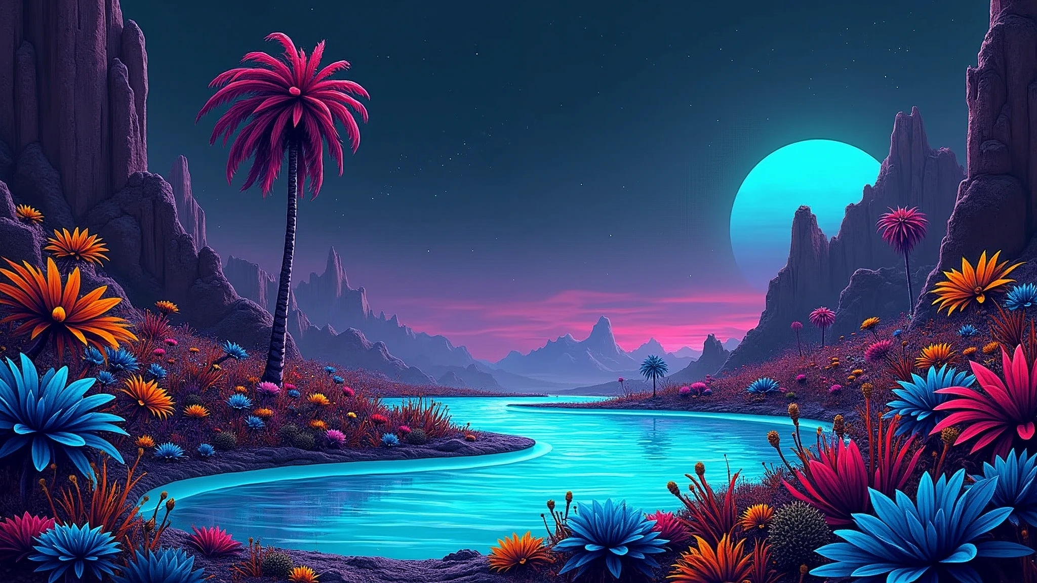 Illustrate a dark sci-fi night scene of an isolated oasis flourishing amidst a vast, barren alien desert landscape, a beacon of life and vivid colors. There is a giant pool of water, a dark flowery swamp with tall blue plants, tall red plants, and tall yellow plants growing. Mosaic of neon dots, glassmorphism, neon lines, bubble dots, filigree rust and gold.