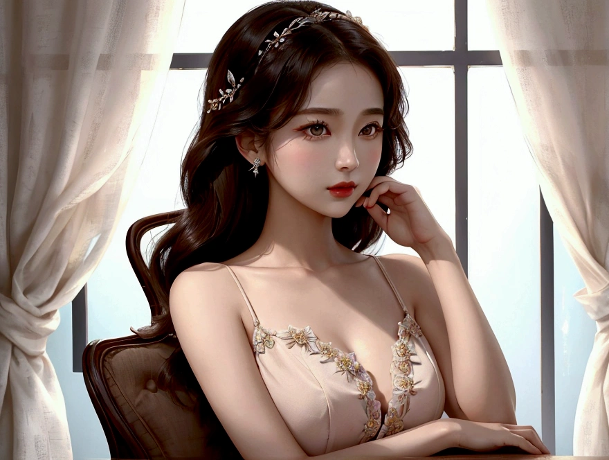 ((Best quality, 8k, Masterpiece :1.3)), 1girl, Pretty woman with emphasizing slender abs :1.3, (random hairstyles, Huge breasts :1.2), Casual outfit :1.2, Indoor, Ultra-detailed face, Detailed eyes, Double eyelid --auto