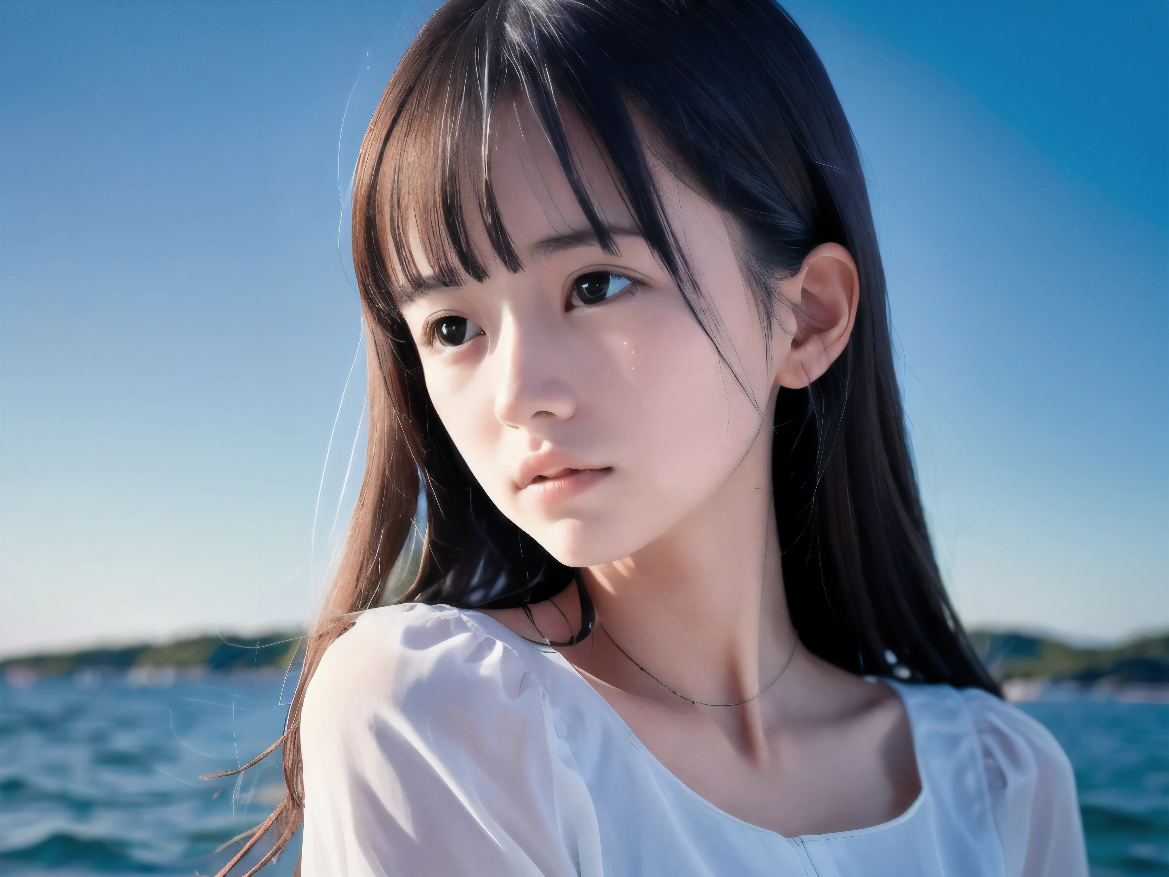 (Close up face shot of slender small-breasted half up brown long hair with bangs girl wearing a white summer dress:1.5)、(One girl is turn around and big crying with tears at the cape of the sea in Japan:1.5)、(Beautiful midnight with full moon on the sea:1.5)、(blurred background:1.5)、(Natural light:1.5)、(8k ultra detailed master piece:1.5)、(perfect :1.5)、(Photorealistic stick:1.5)、(Raw photo:1.3)、(highest quality:1.5)、(High resolution:1.3)、(Delicate and beautiful perfect face:1.3)、(Delicate and beautiful eye air skin:1.3)、(Real Human Skin:1.3)、((thin legs))