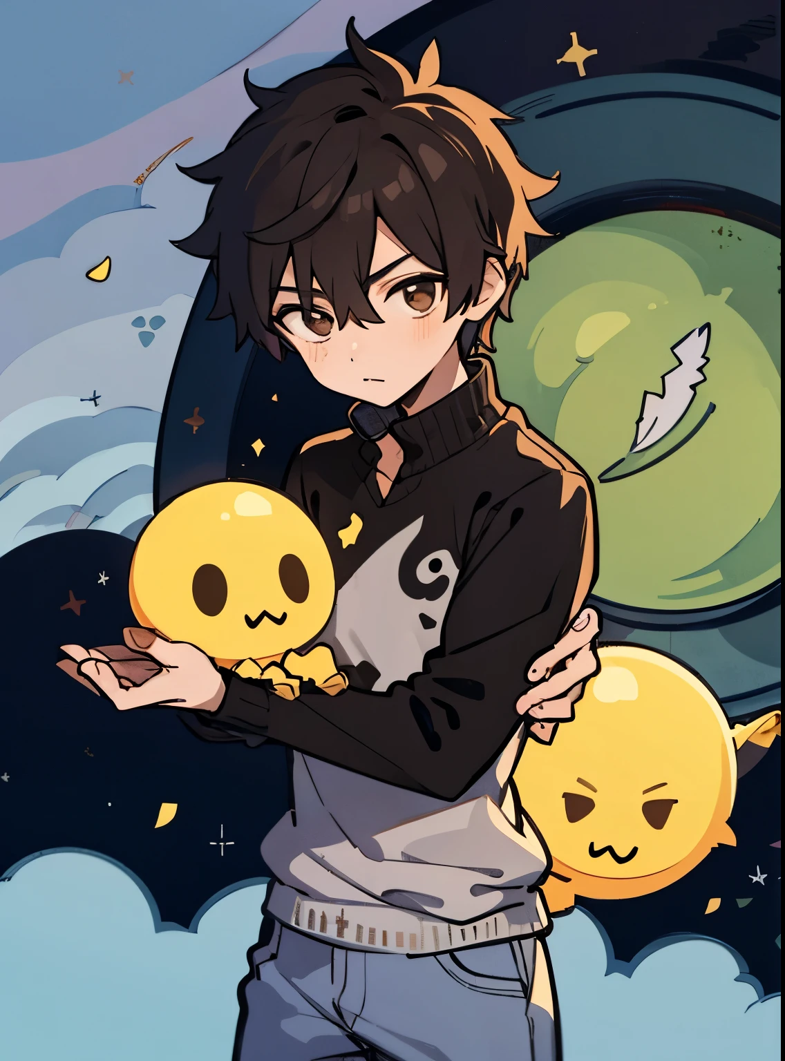 a boy(40 year old) with dark hair(dark brown), korean, Gender: masculine, mature face, looking at the sky, Big moon background, brown dark eyes, basic expression, big black sweatshirt, casual clothes,great, adorable, pensamento, illustration, aesthetics, beautiful digital art, mythical, blossom, Glow Up, glare eyes, colorfully, tom, work of art, high qualiy, beautiful character, close up.