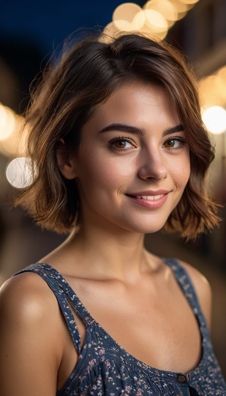 Night, RAW Photography, (Very Beautiful Portrait), 25 Year Old Woman, ((Natural Brown Hair with Short Cuts)), [Brown Eyes], Gentle Smile Staring at the Camera, ((Masterpiece, Best Quality, Ultra Detail, Cinematic Lights, Intricate Detail, High Definition, 8k, Very Detailed)), Detail Background, 8k UHD, DSLR, soft lighting, high quality, film grain, fujifilm XT3, shallow depth of field, natural light, perfect face