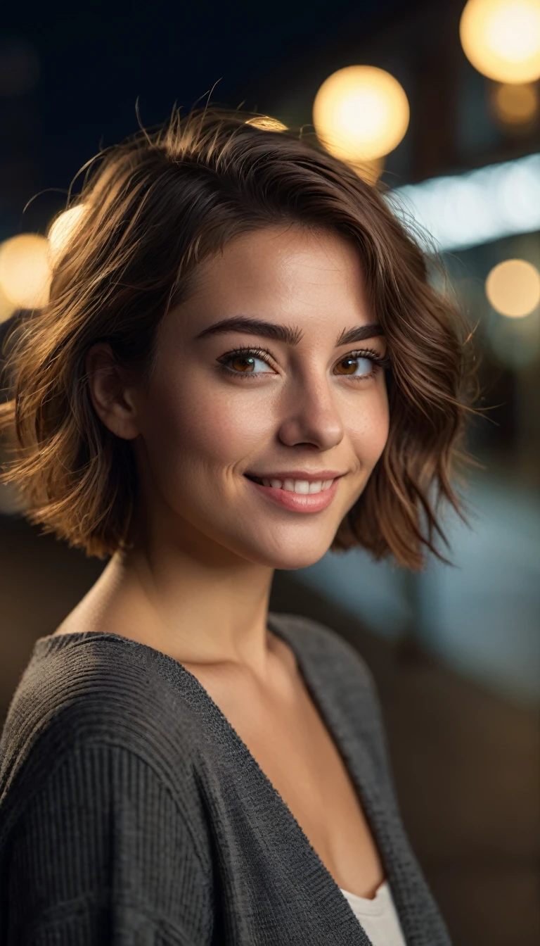 Night, RAW Photography, (Very Beautiful Portrait), 25 Year Old Woman, ((Natural Brown Hair with Short Cuts)), [Brown Eyes], Gentle Smile Staring at the Camera, ((Masterpiece, Best Quality, Ultra Detail, Cinematic Lights, Intricate Detail, High Definition, 8k, Very Detailed)), Detail Background, 8k UHD, DSLR, soft lighting, high quality, film grain, fujifilm XT3, shallow depth of field, natural light, perfect face
