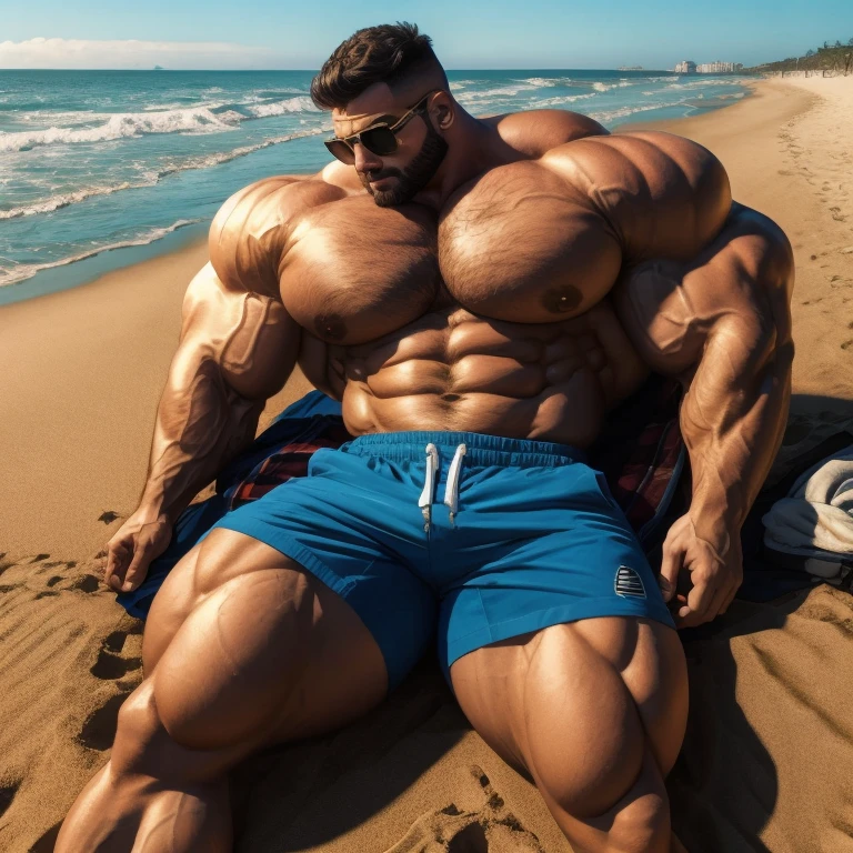 a very handsome man, sunglasses, mid fade haircut, wearing a blue shirt and black shorts, massively muscular, with massively large muscles, with massively large and muscular chest, arms and biceps, extremely muscular and defined body, buried in the sand of a beach