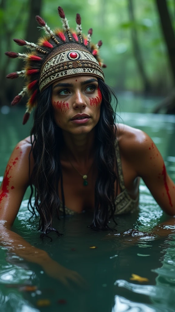 extremely detailed woman in jeans and t-shirt is victim of ritual,drowning waist-deep in bog, in the middle of a mysterious bog, wearing a beautiful headdress and traditional indigenous makeup. The scene is of the highest quality, with 4k resolution and ultra-detailed visuals. The woman's facial expressions and body language depict her struggle and fear, while her eyes reflect the intensity of the situation. The lighting is atmospheric, casting eerie shadows throughout the bog. The colors are vivid, with a focus on earthy tones to enhance the natural environment. red, green, blue
