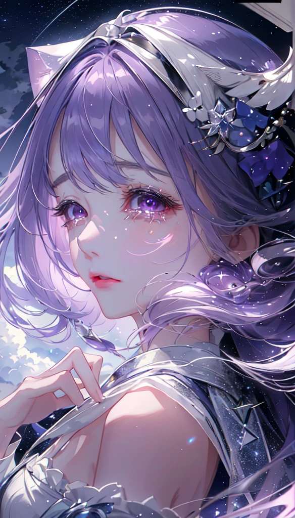 masterpiece, Highest quality, Movie stills, One girl, Floating in the sky, cloud girl, cloud, (close:1.1), , Soft lighting, Volumetric lighting, Sparkling, Sparkling, Swirl, Abstract, Expressive、tears、One girl, solo,Long Hair, Purple Hair、Sparkling、Pink eyes, Lens flare, Are crying、yukata、moonlight、Close your eyes and cry