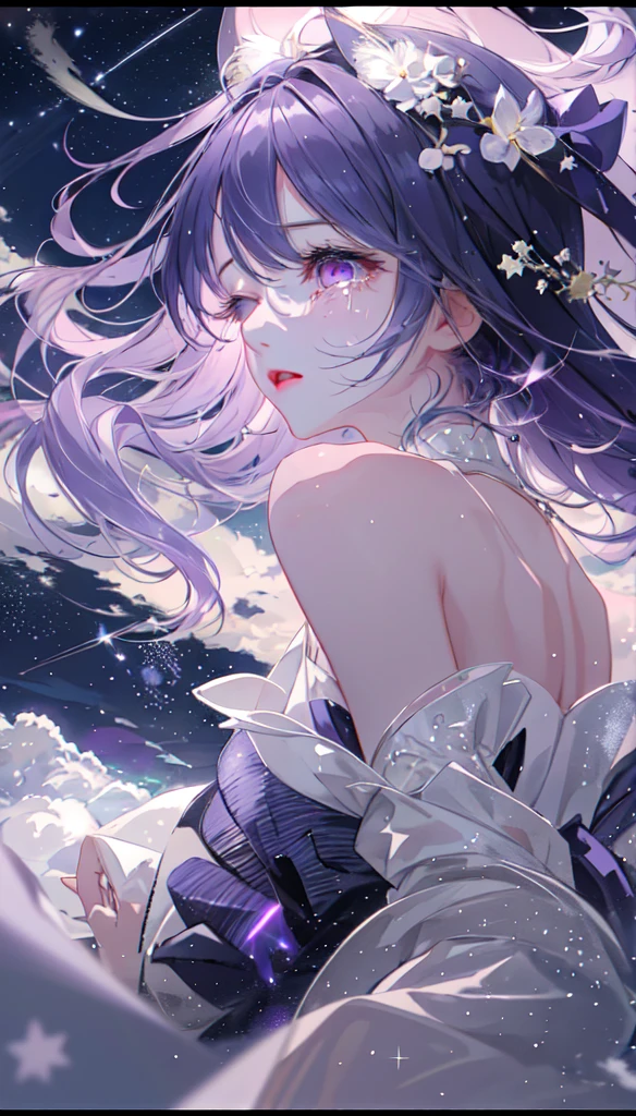 masterpiece, Highest quality, Movie stills, One girl, Floating in the sky, cloud girl, cloud, (close:1.1), , Soft lighting, Volumetric lighting, Sparkling, Sparkling, Swirl, Abstract, Expressive、tears、One girl, solo,Long Hair, Purple Hair、Sparkling、Pink eyes, Lens flare, Are crying、yukata、moonlight、Close your eyes and cry