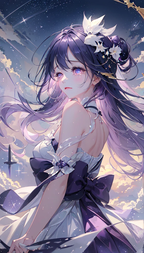 masterpiece, Highest quality, Movie stills, One girl, Floating in the sky, cloud girl, cloud, (close:1.1), , Soft lighting, Volumetric lighting, Sparkling, Sparkling, Swirl, Abstract, Expressive、tears、One girl, solo,Long Hair, Purple Hair、Sparkling、Pink eyes, Lens flare, Are crying、yukata、moonlight、Close your eyes and cry