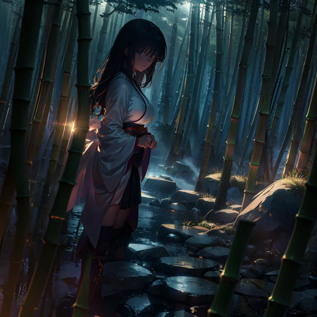 volumetric lighting, ambient lighting, highres, masterpiece, 8k, alone, one woman, bamboo forest, fog, melancholy, young adult, mystic black eyes, detailed black hair, long hair, pale skin, big breasts, atletic body, (wearing japanese traditional clothes)