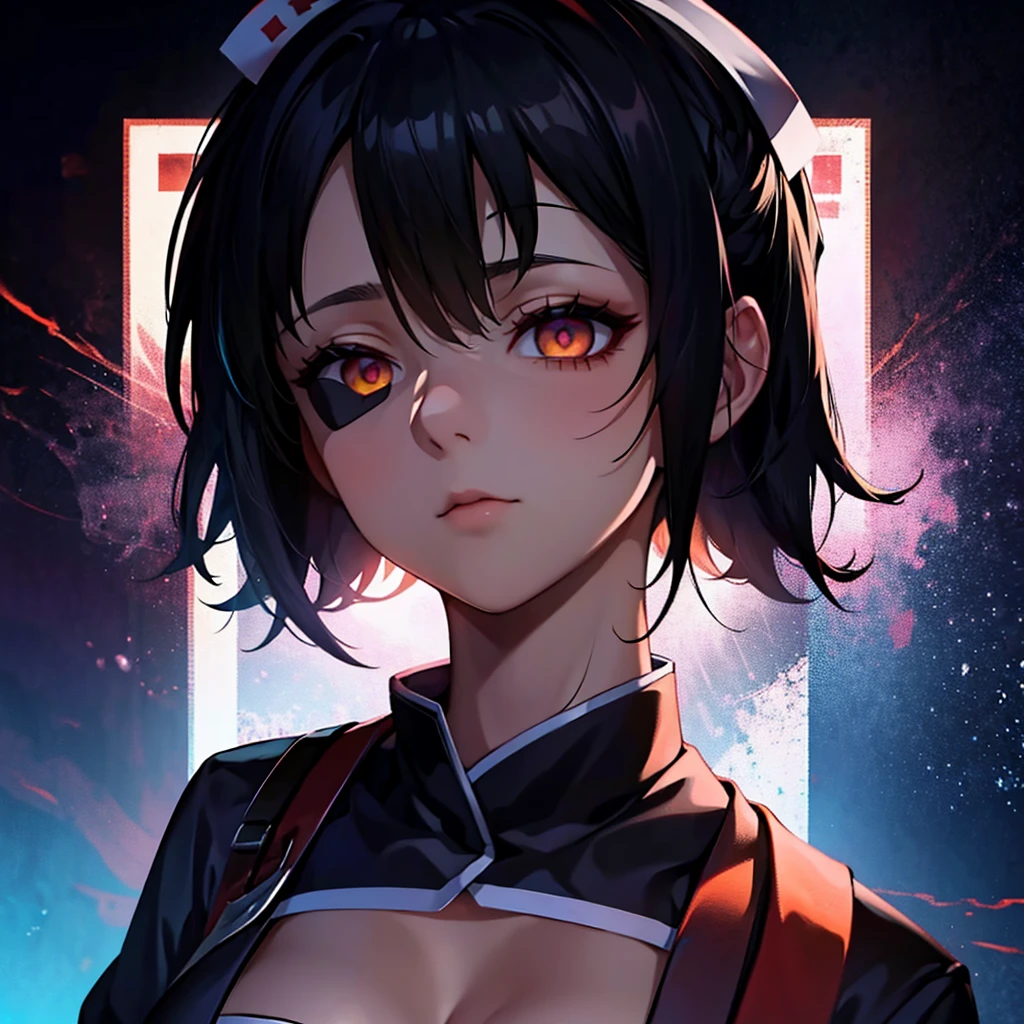 black hair, colored inner hair, pointy hair, shiny hair, medium hair, eyepatch, multicolored eyes, constricted pupils, devil eyes, longeyelashes, amber eyes, expressionless, unconscious, evil, Surrealism, conceptual art, anime style, glowing light, bloom, drop shadow, image fill, cowboy shot, lens flare, 8k, super detail, uhd, masterpiece, retina, anatomically correct, anatomically correct, super detail, high details, high quality, best quality, highres、nsfw,one woman,nurse's outfit,cleavage between breasts,large breasts,whole body,plump body,gleaming skin,muscular,expressionless,hospital,high quality,illustration,masterpiece,highly detailed,japanese、Eye patch、View here、Sexy nurse uniform、from the front、Background is detailed、colorful、Fractal Art、Creepy、wonder、Perverse、Eye patchに蛍光色の派手な模様、The entire body from the thighs up is captured in the frame.、A composition looking down from a low angle